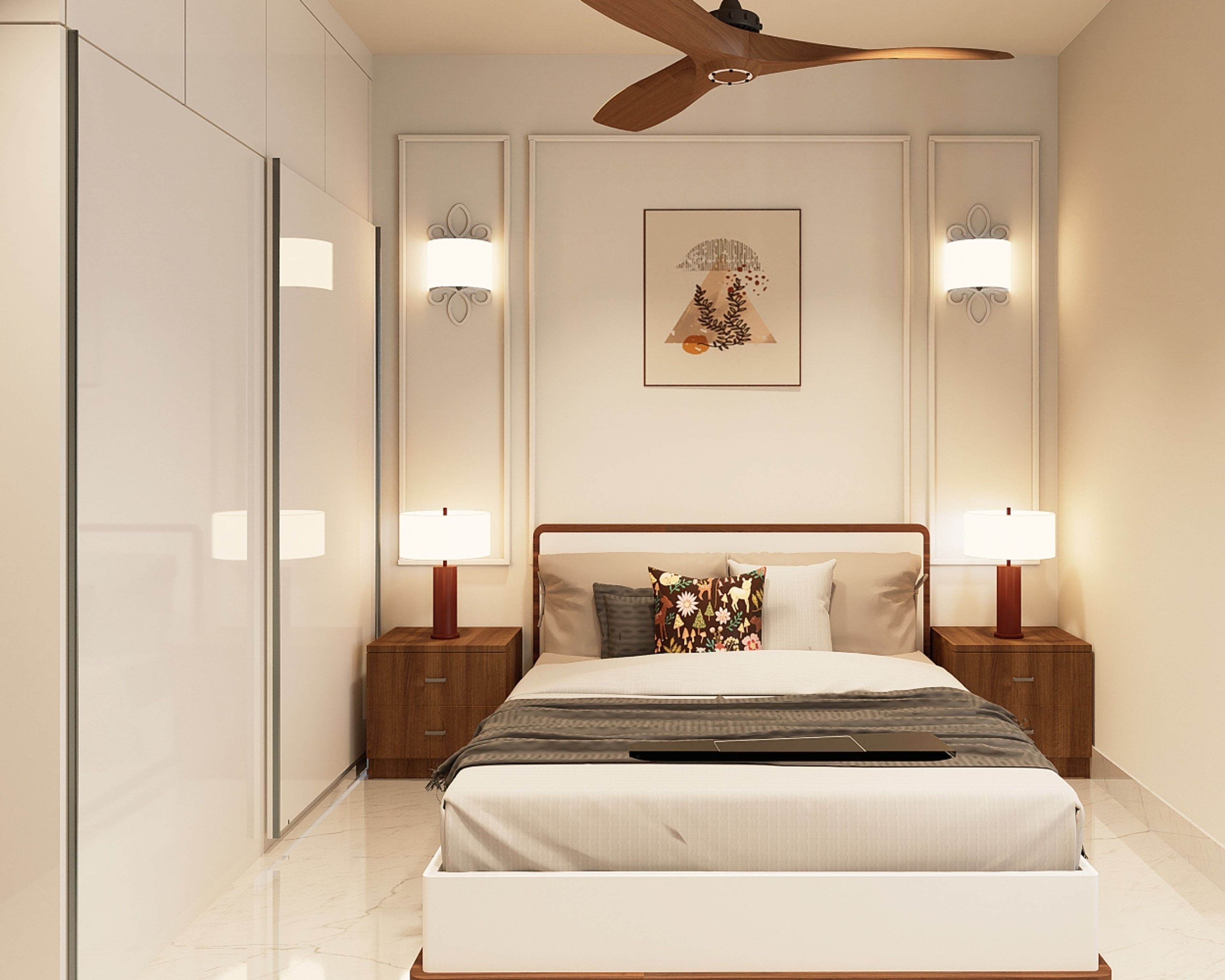 Transitional Guest Room Design With A Double Bed And Wooden Side Tables