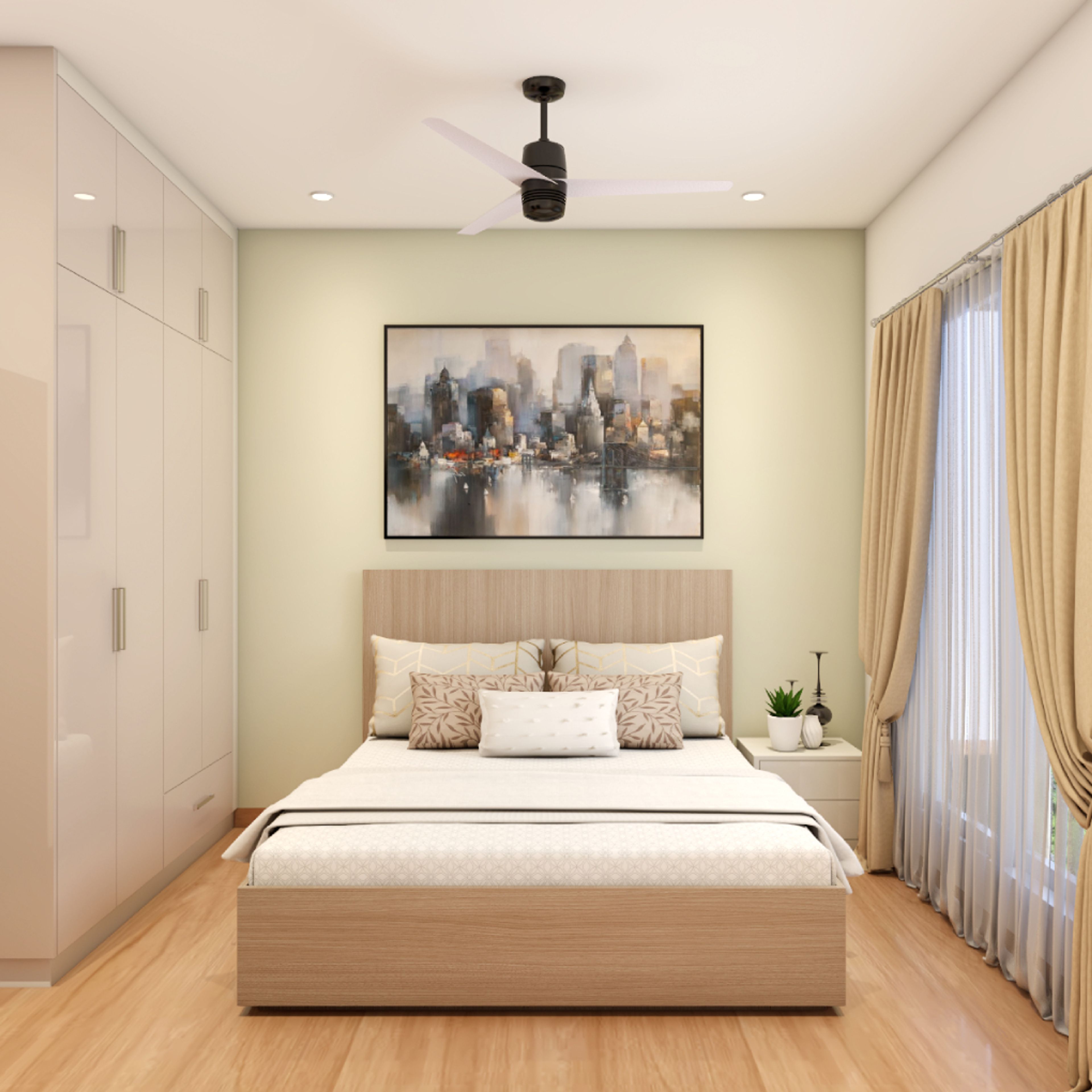 Modern Guest Room Design With Glossy Beige Wardrobe