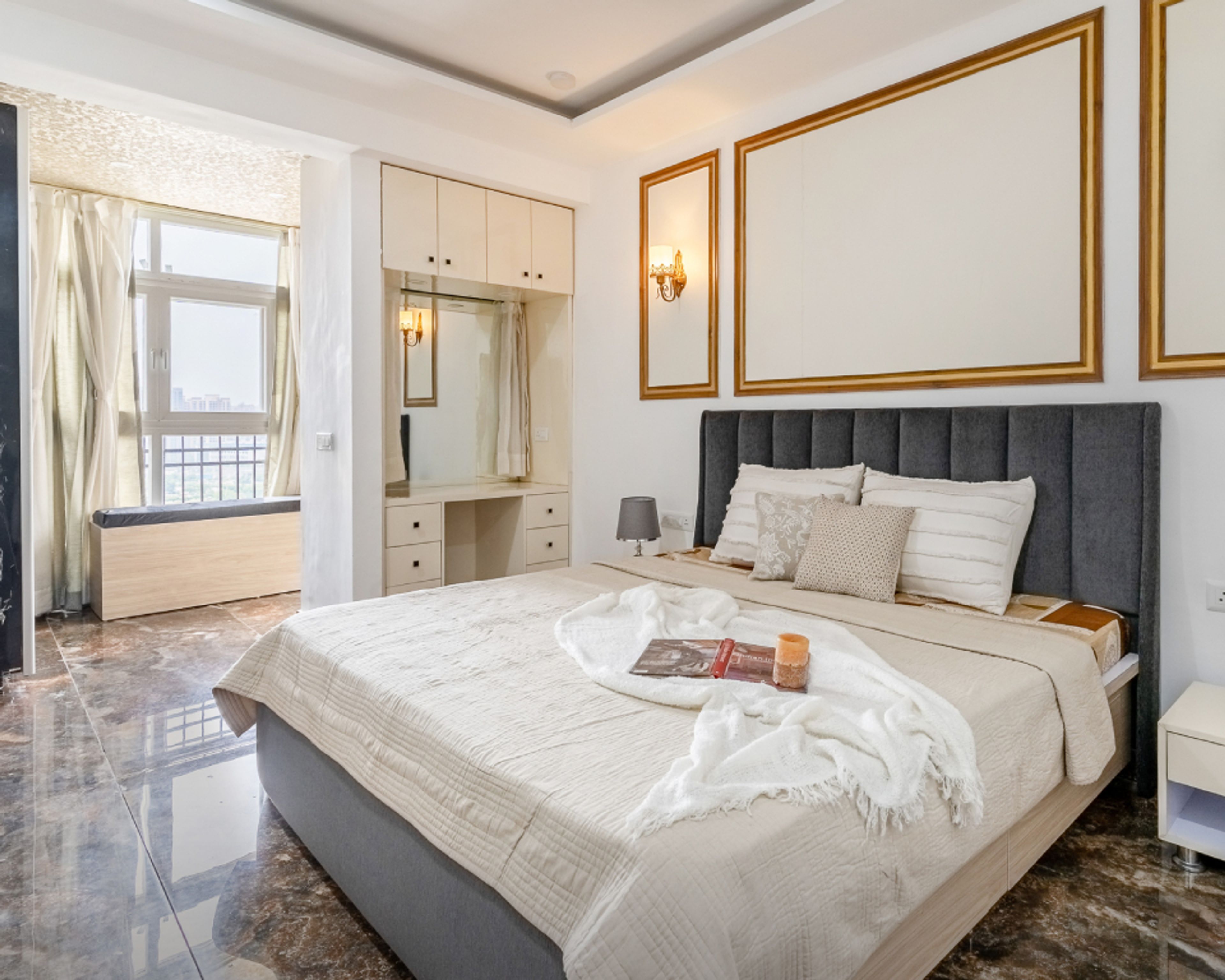 Modern Guest Room Design With Grey Bed And Wooden Wall Trims