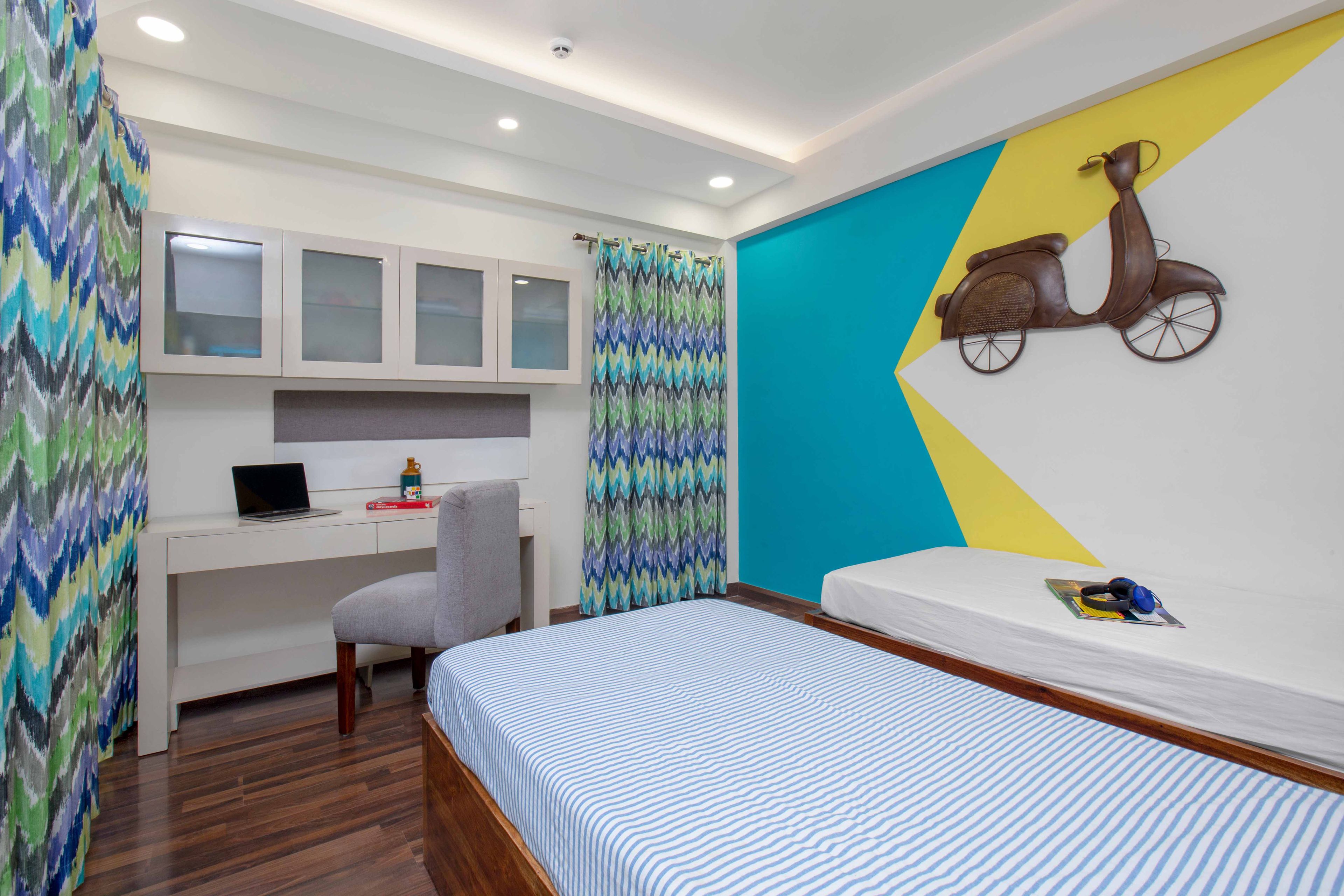 Contemporary Home Office Design With Overhead Storage Units