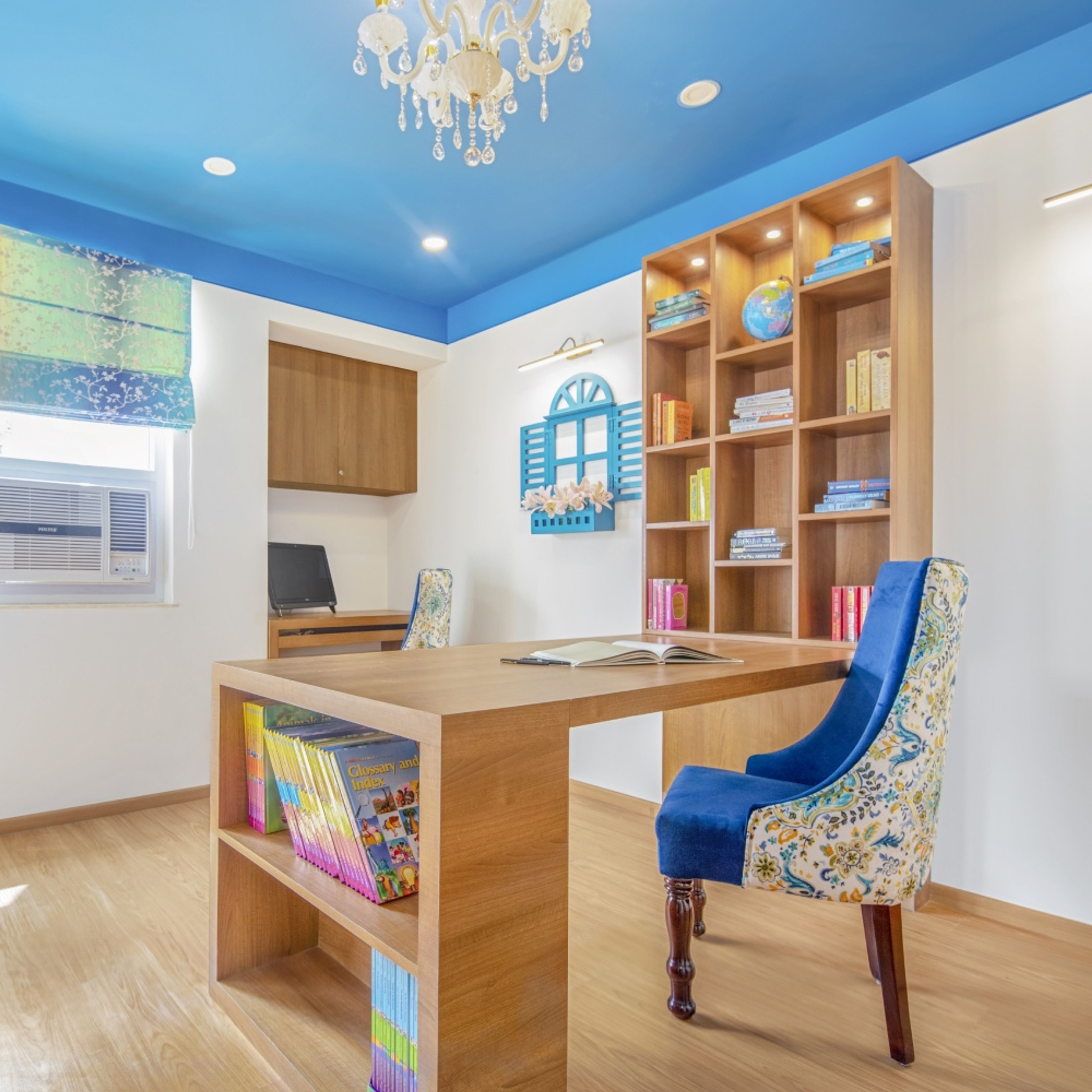 Contemporary Home Office Design With Brown And Blue Study Tble Design