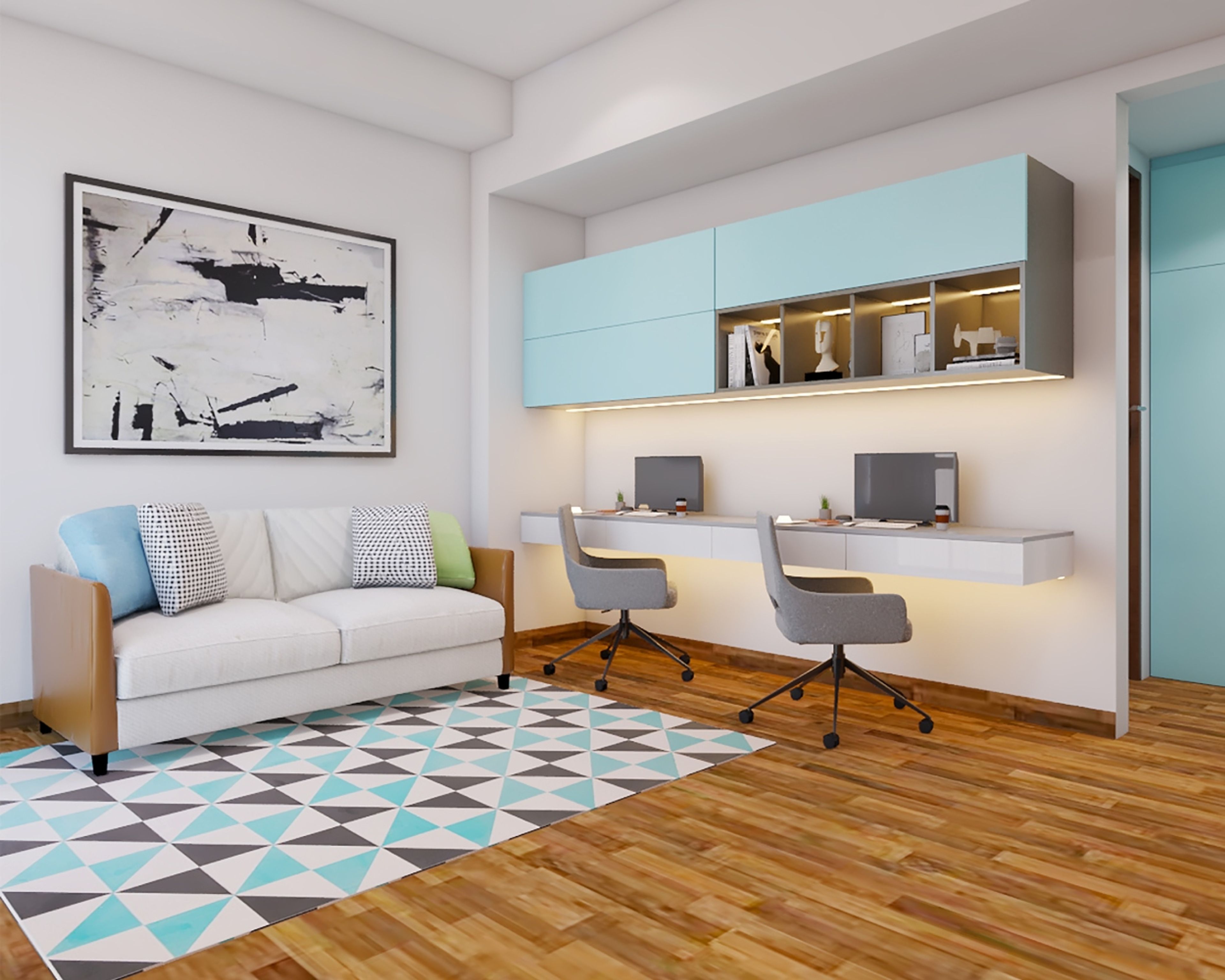 Modern Home Office Design With White And Blue Storage Units