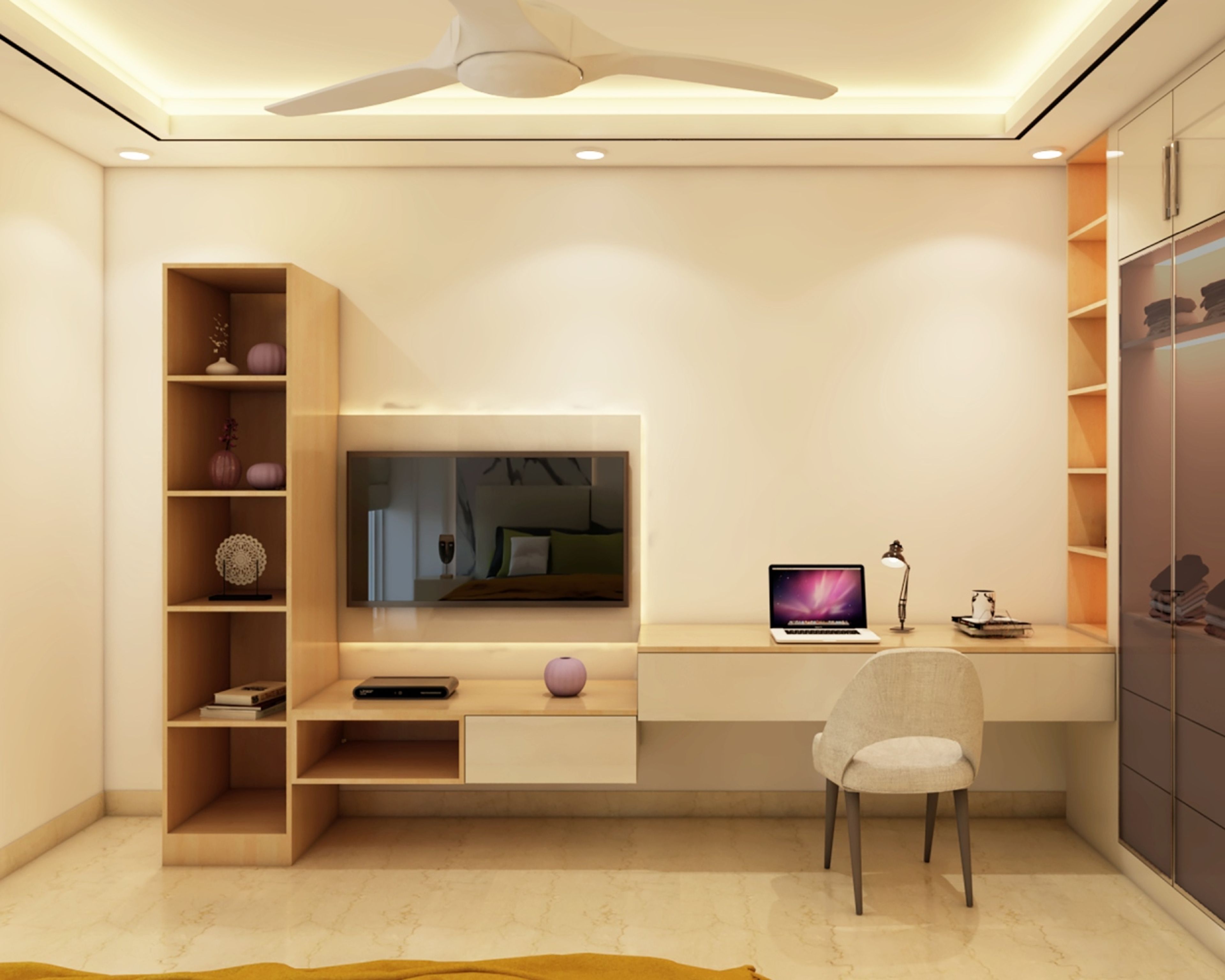 Modern Home Office Design With Open Shelves And LED Lighting