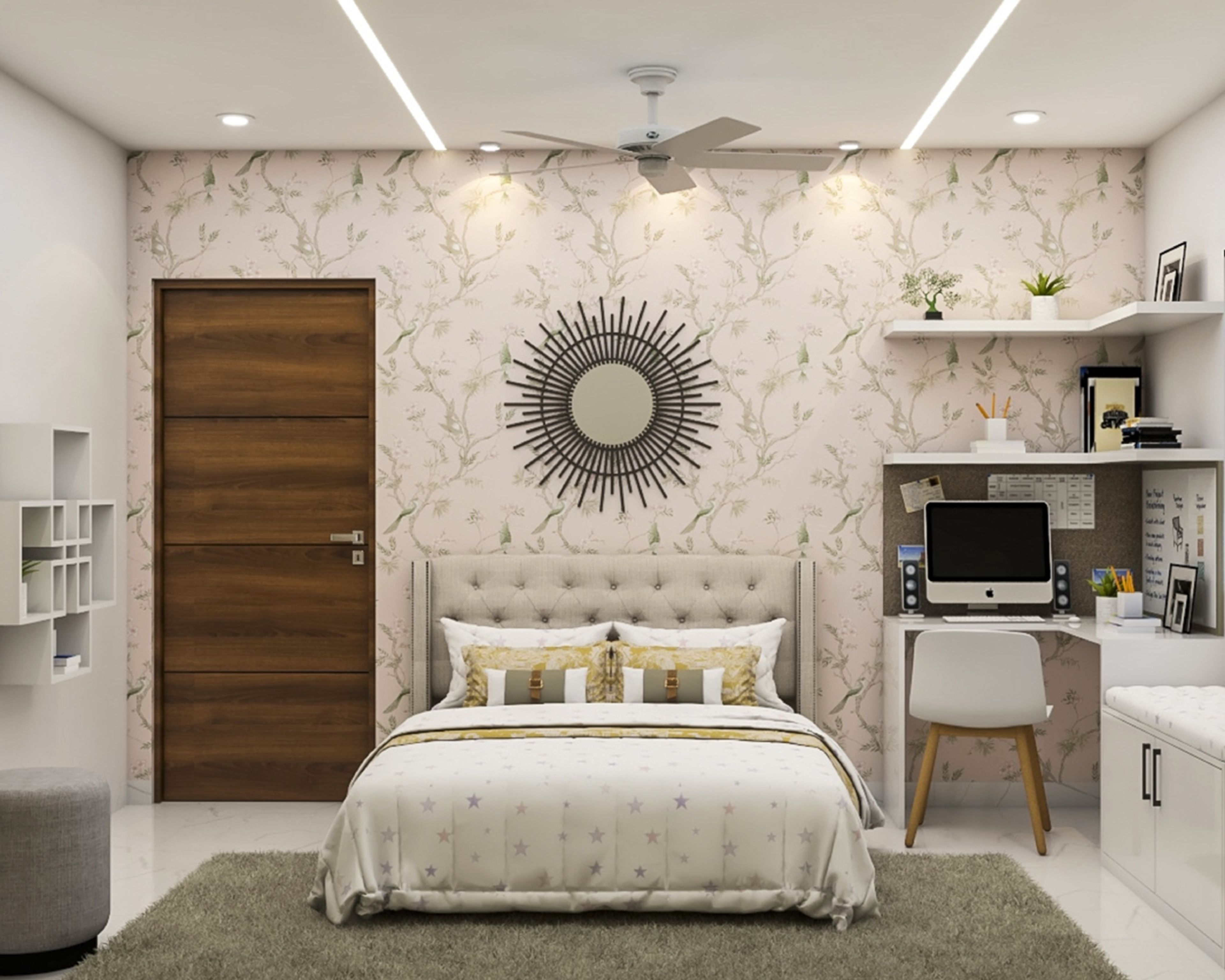 Modern Kids Room Design With A Beige Upholstered Bed