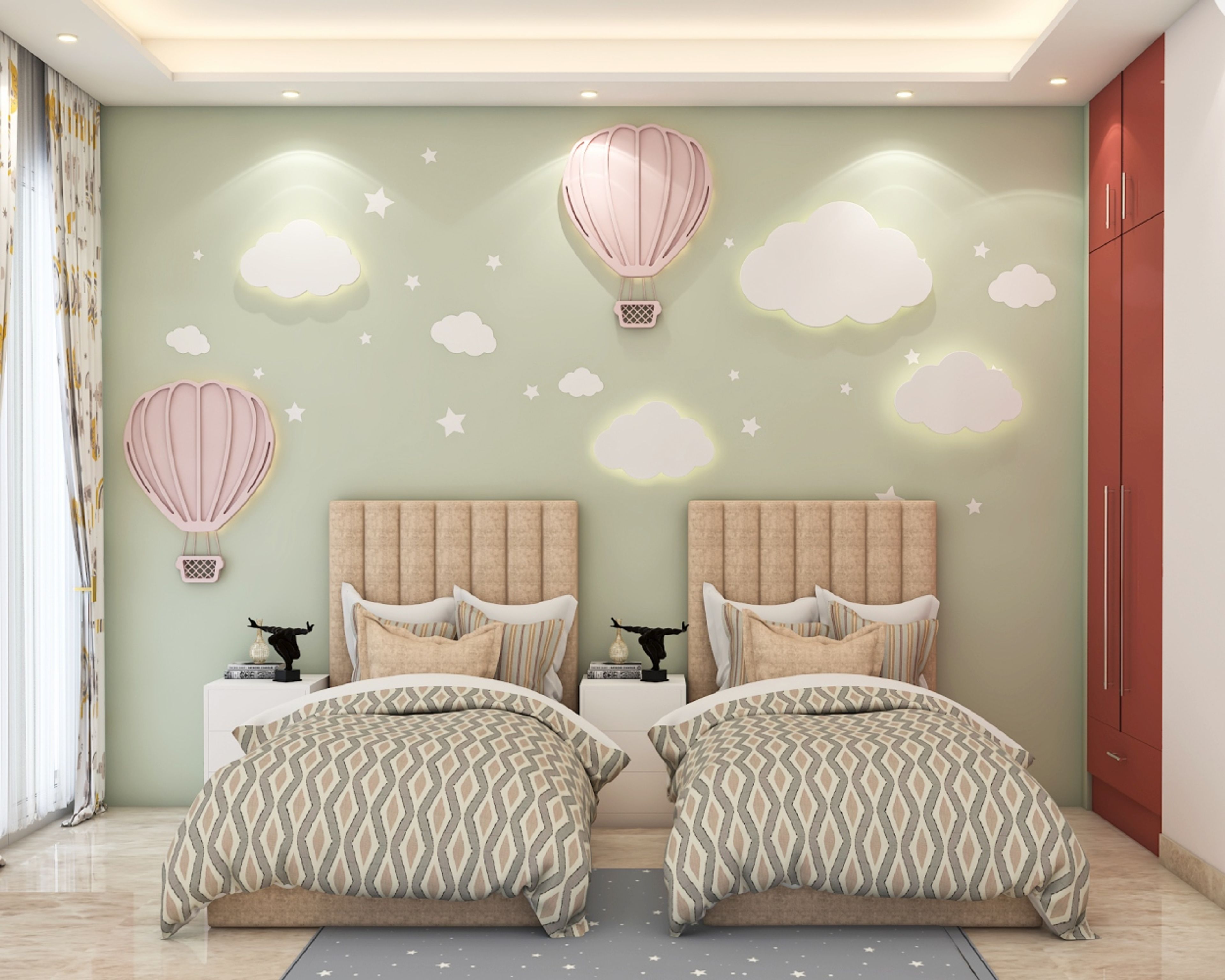 Modern Kids Room Design With Twin Beds And Beige Headboards