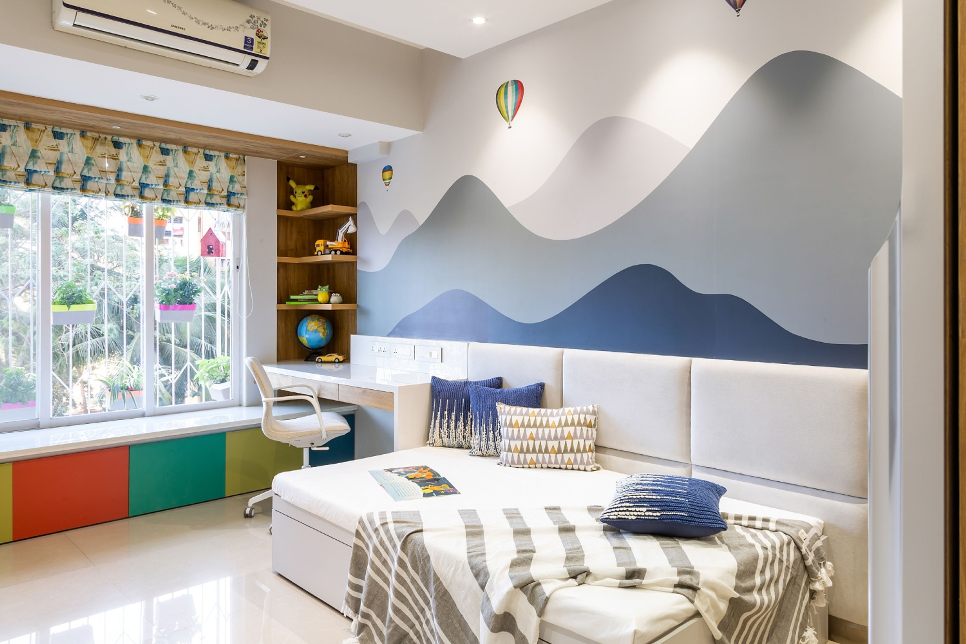 Modern Kids Room Design With A Single Bed And Swing Shutter Wardrobe