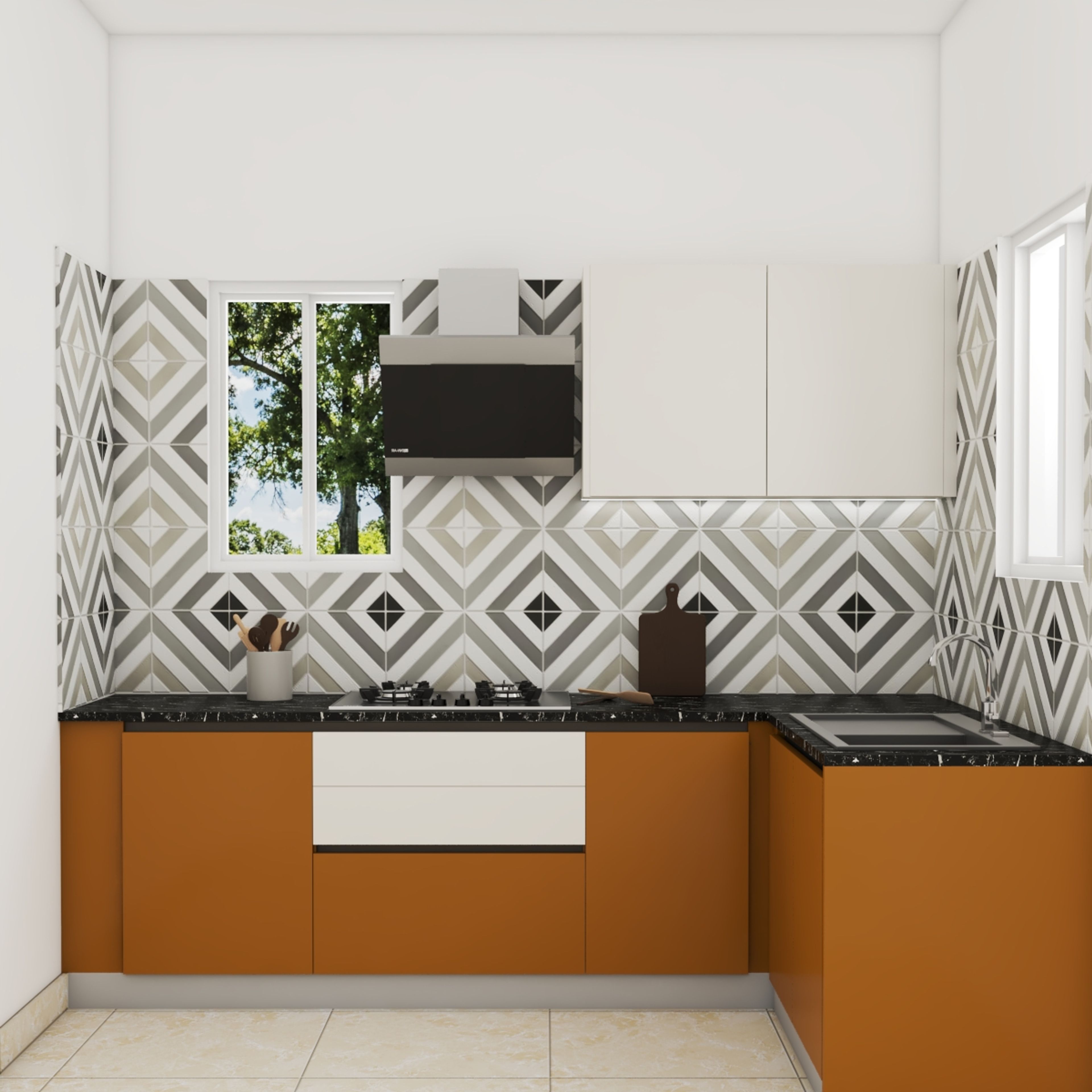 Modern L-Shaped Kitchen Design With A Black Marble Countertop