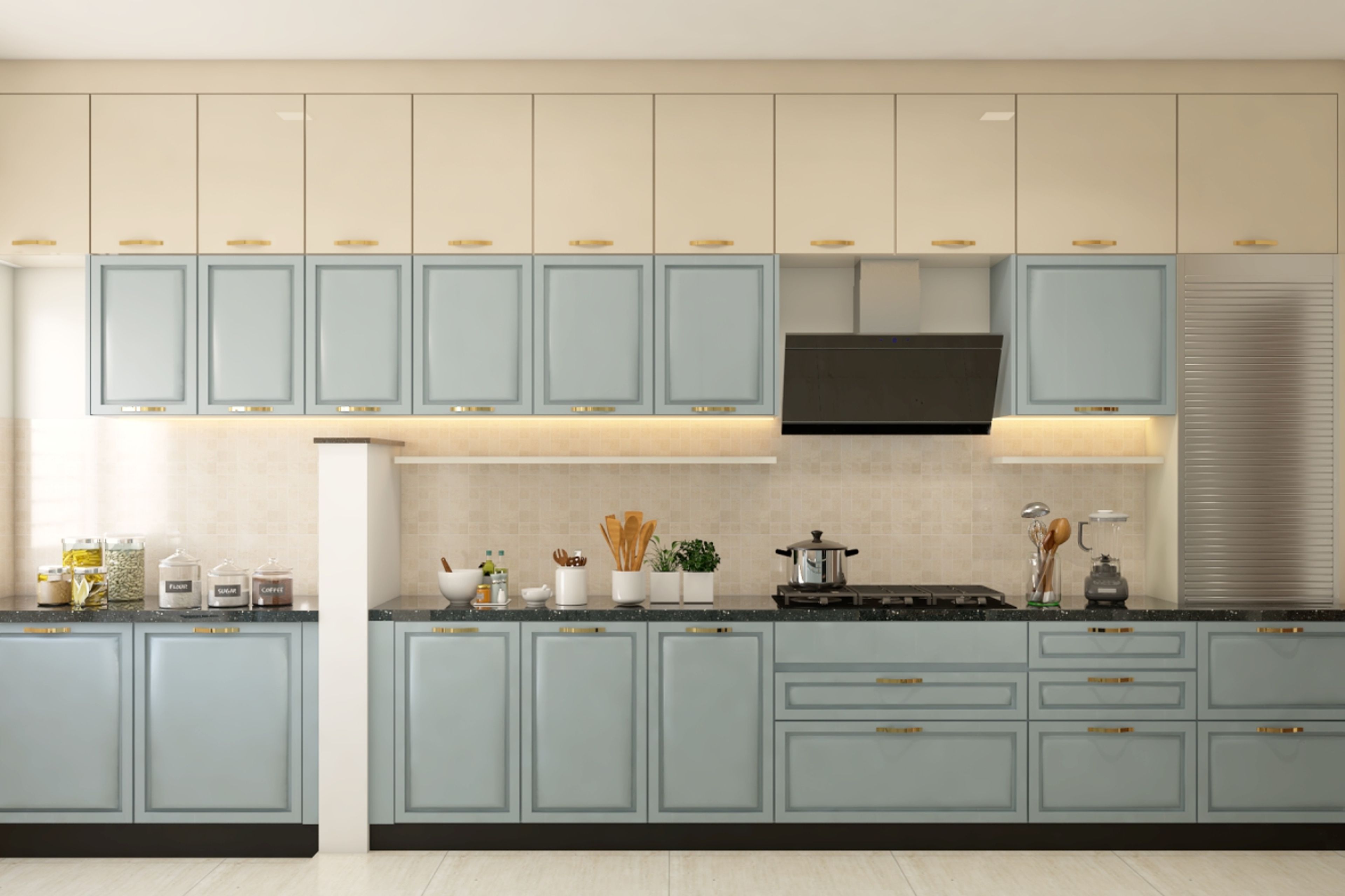 Classic Parallel Kitchen Design With Spacious White And Blue Cabinets