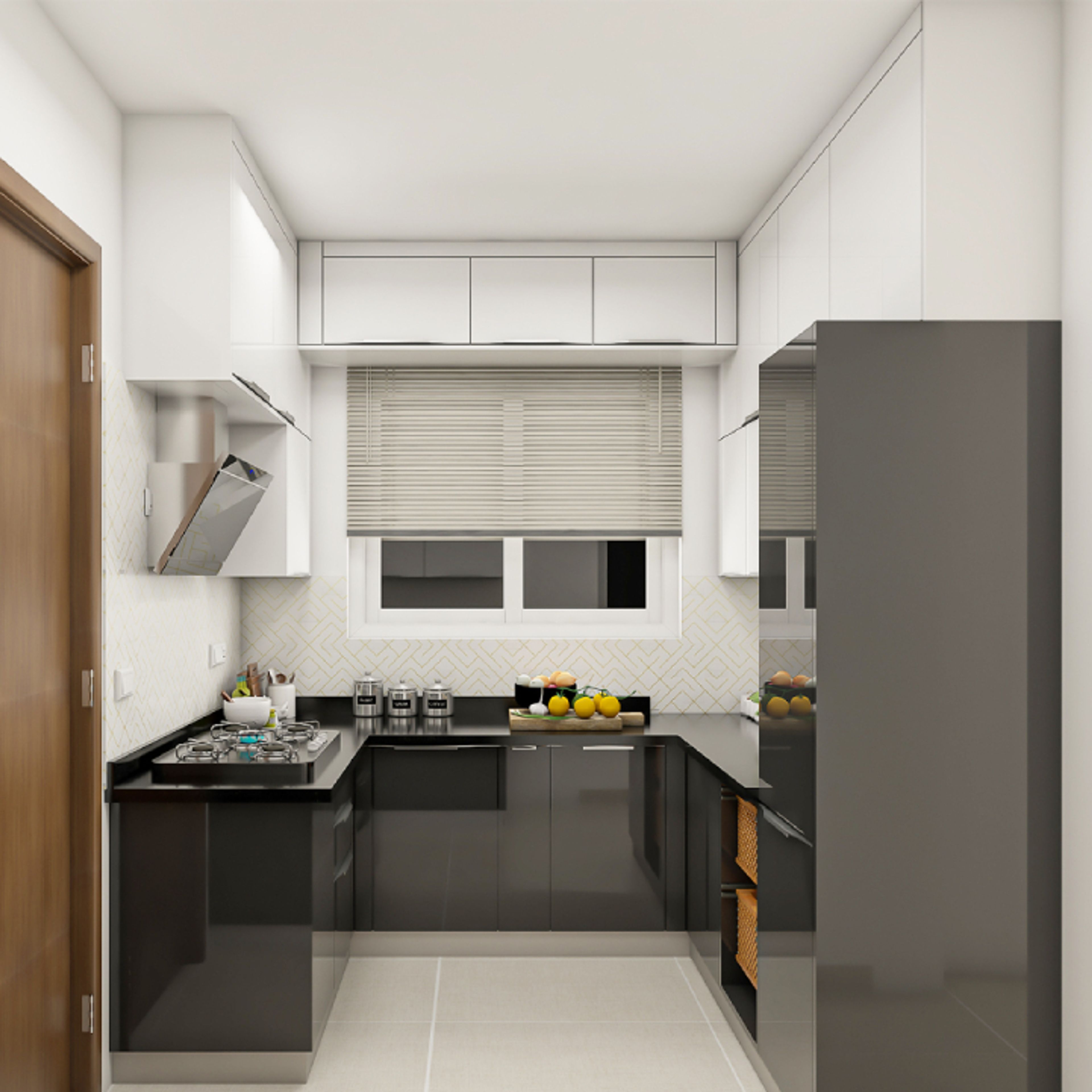 Modern U-Shaped Kitchen Design With Frosty White Wall Units