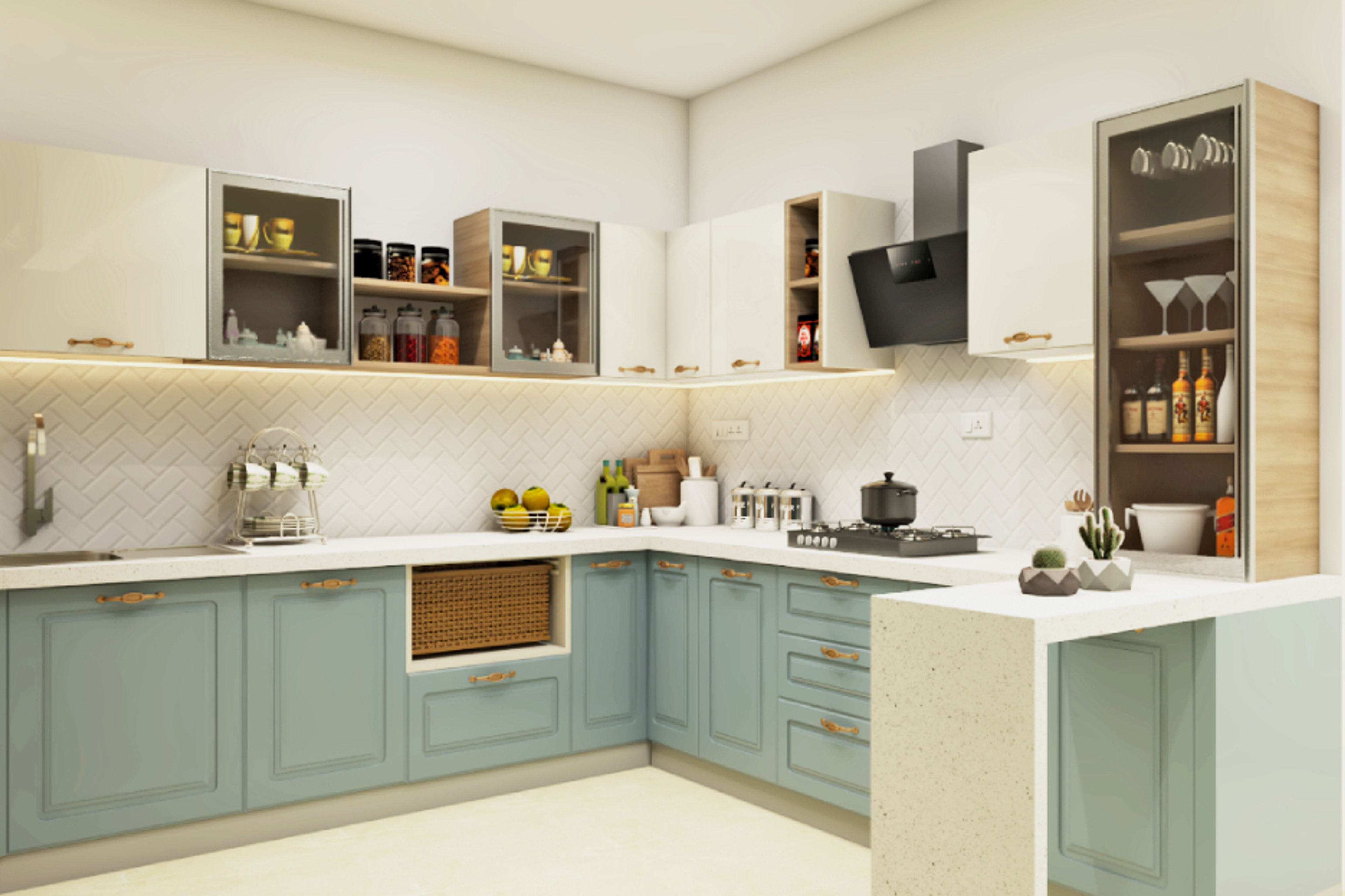 Contemporary L-Shaped Kitchen Design With A White Marble Countertop