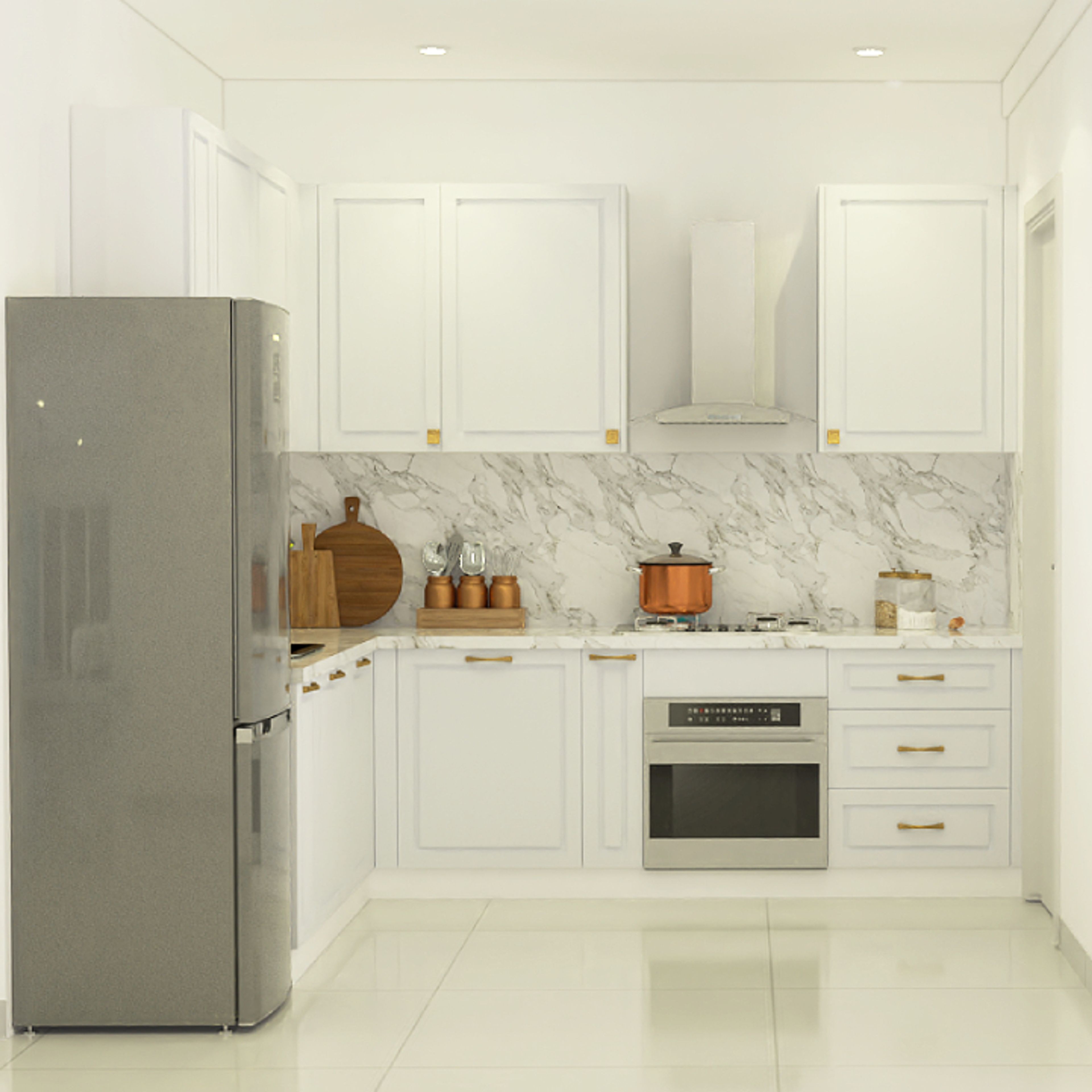 Modern L-Shaped Kitchen Design With Off White Cabinets