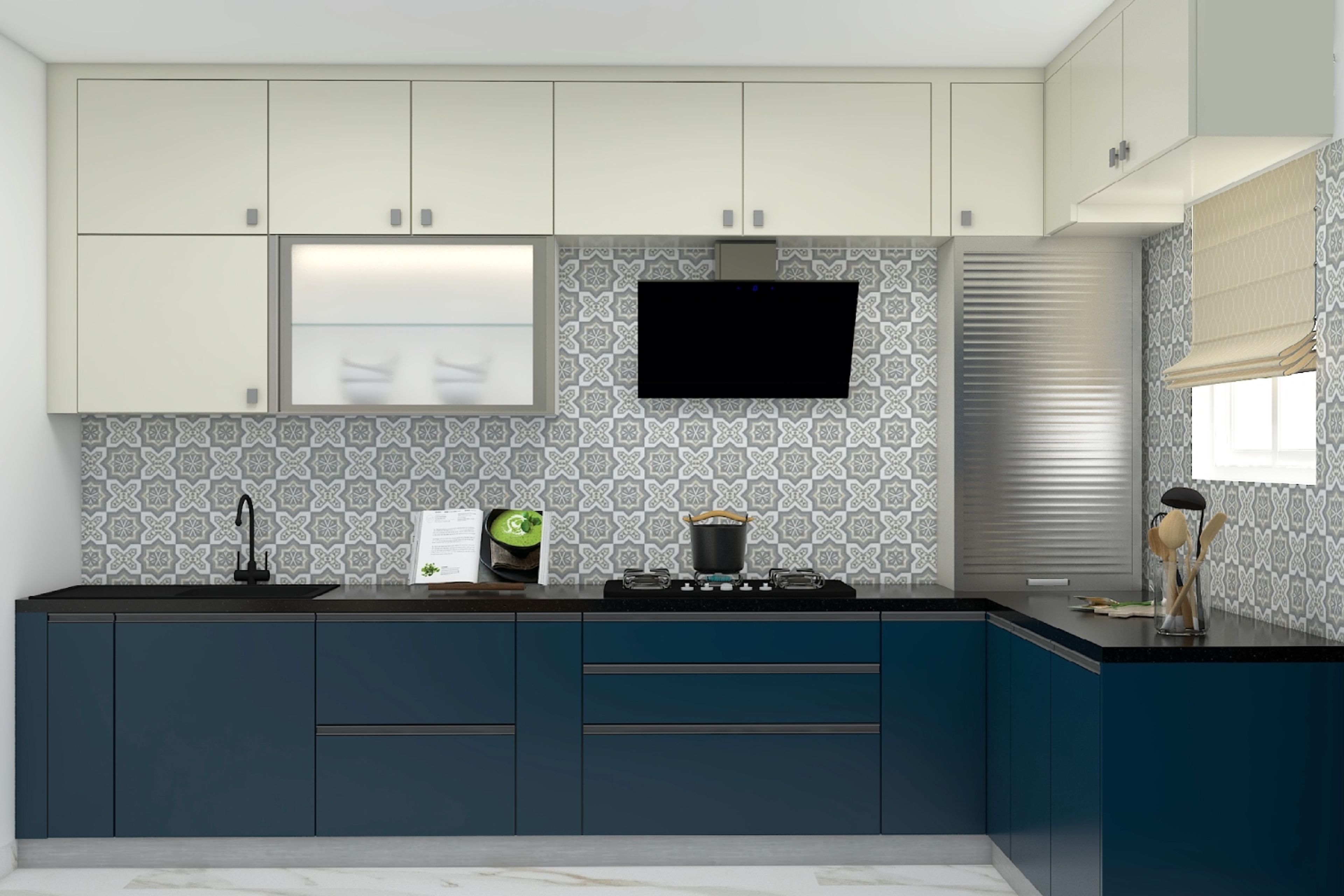 Modern L-Shaped Kitchen Design With Wicker Baskets