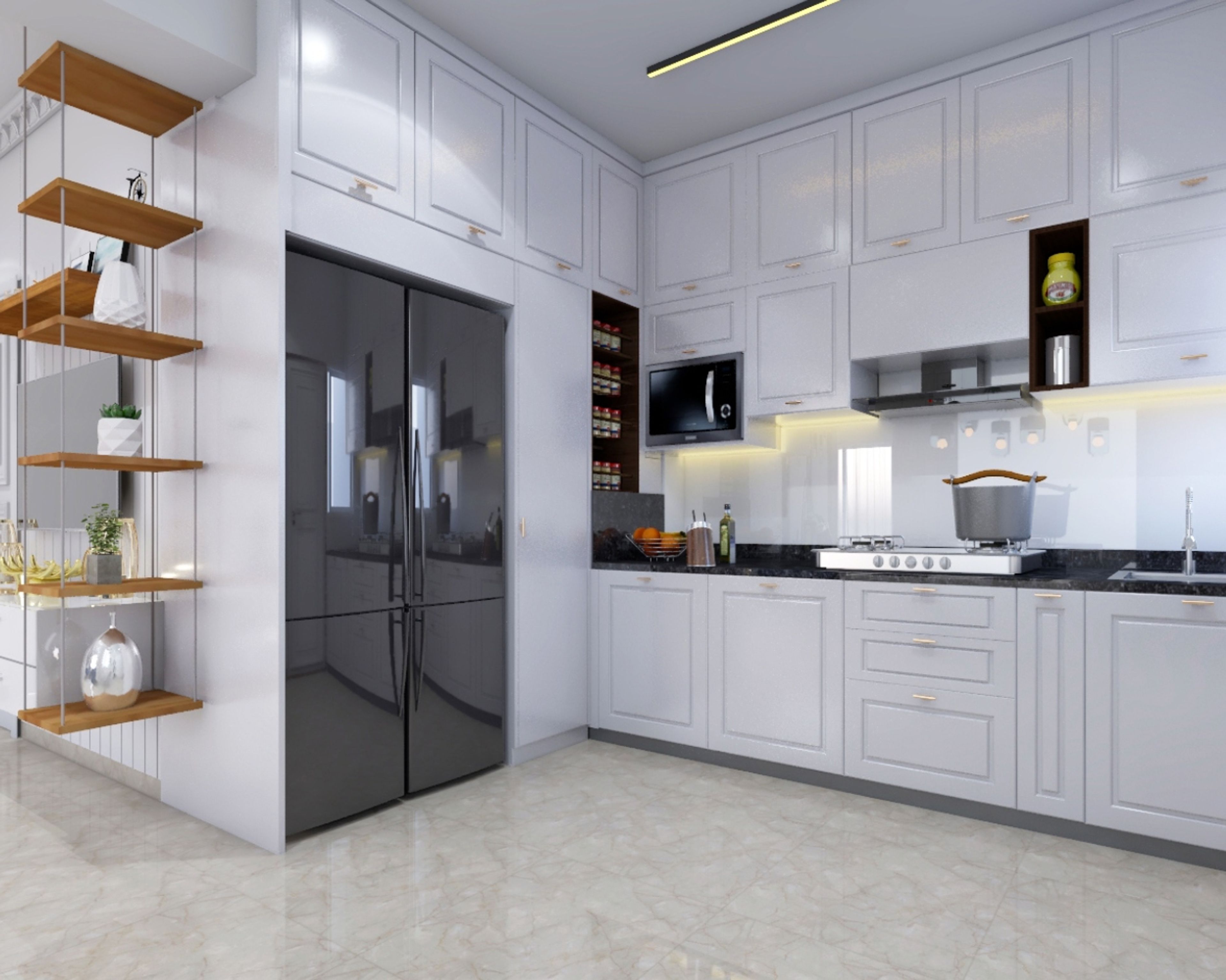 Classic Open Kitchen Design With White Cabinets