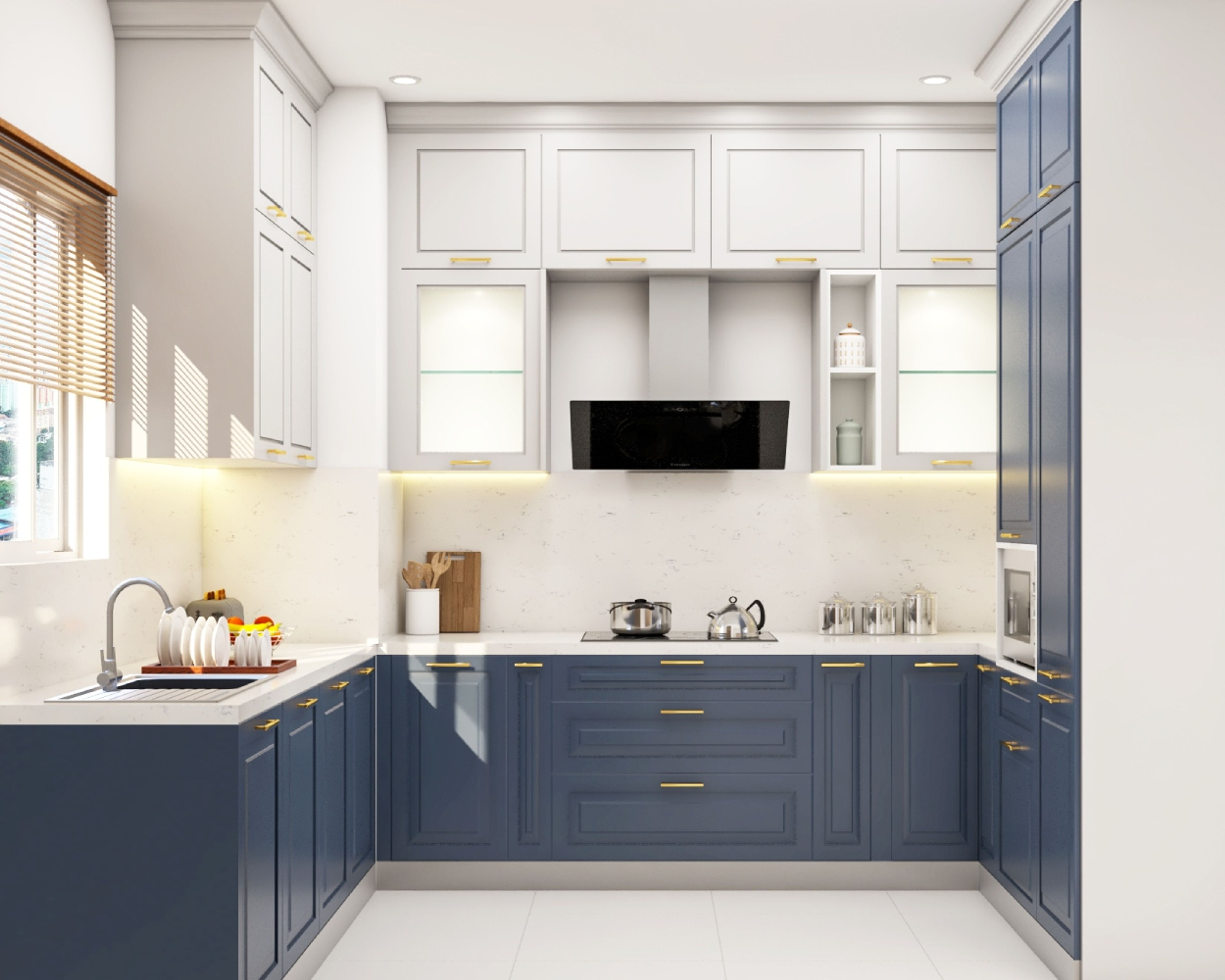 Classic U-Shaped Kitchen Design With Profile Lighting