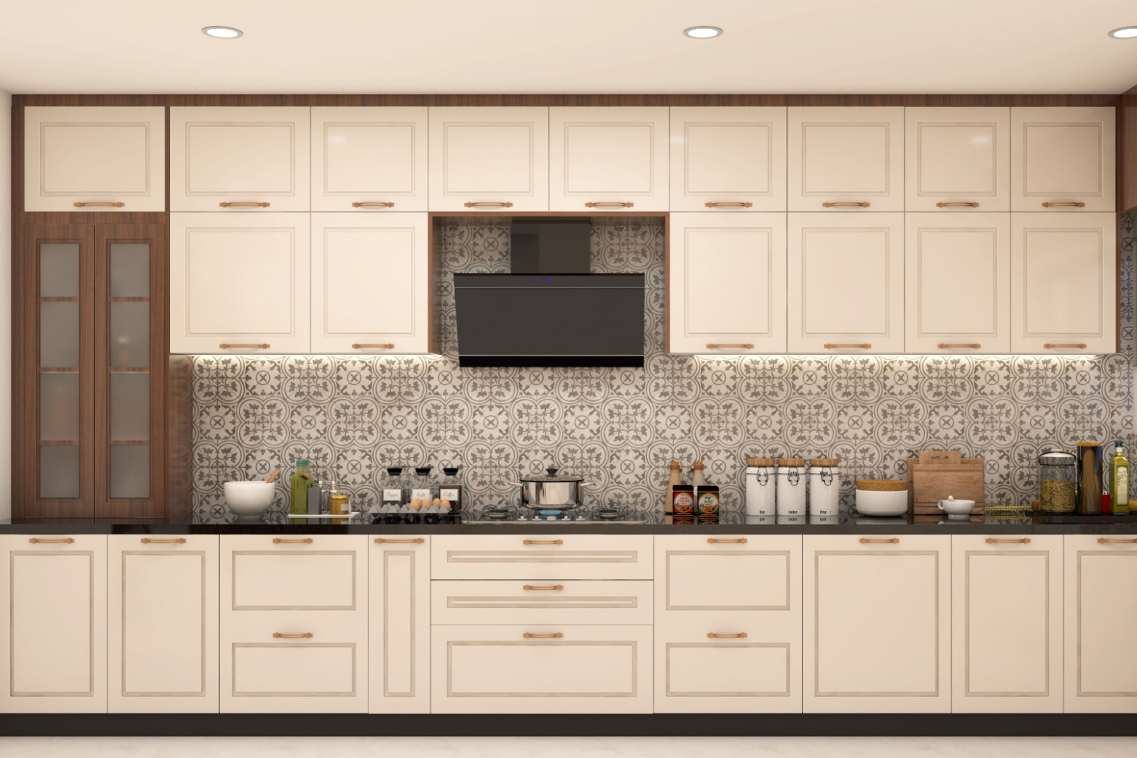 Classic Modular Kitchen Design With Moroccan Dado Tiles