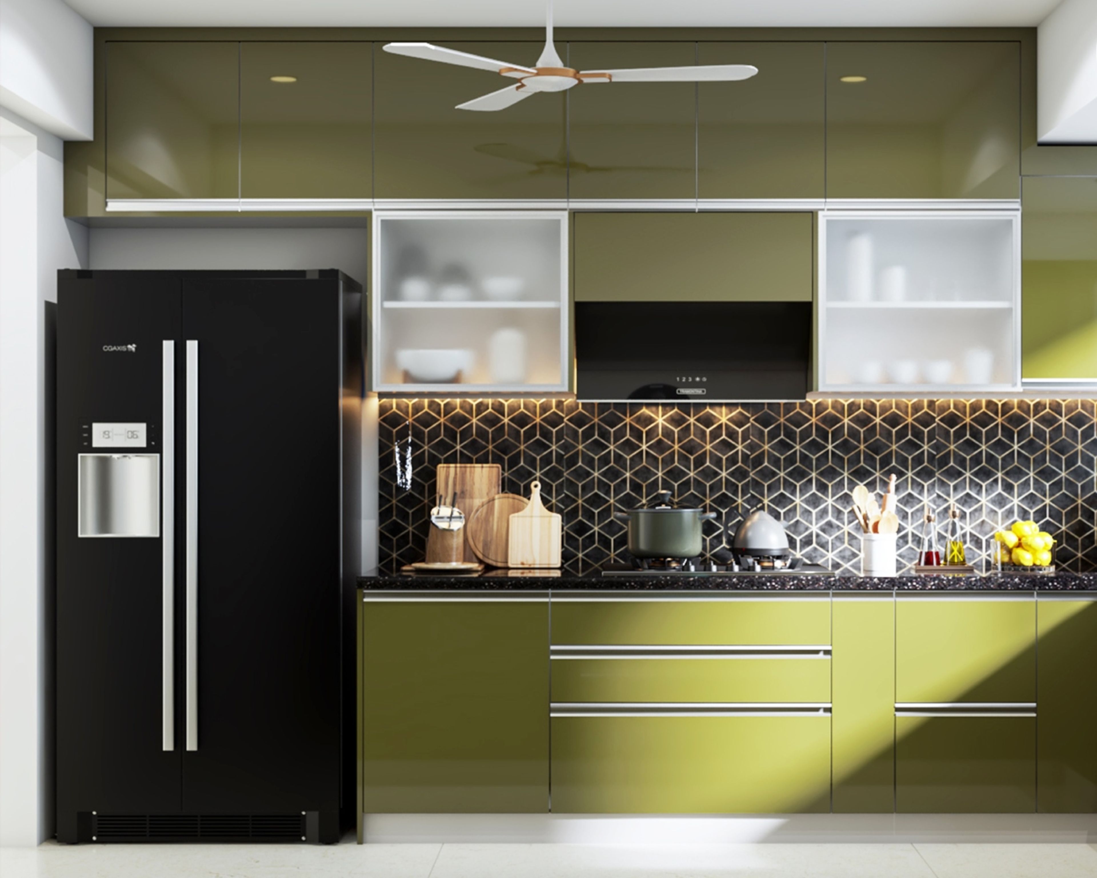 Contemporary U-Shaped Kitchen Cabinet Design With Green Base And Loft Units