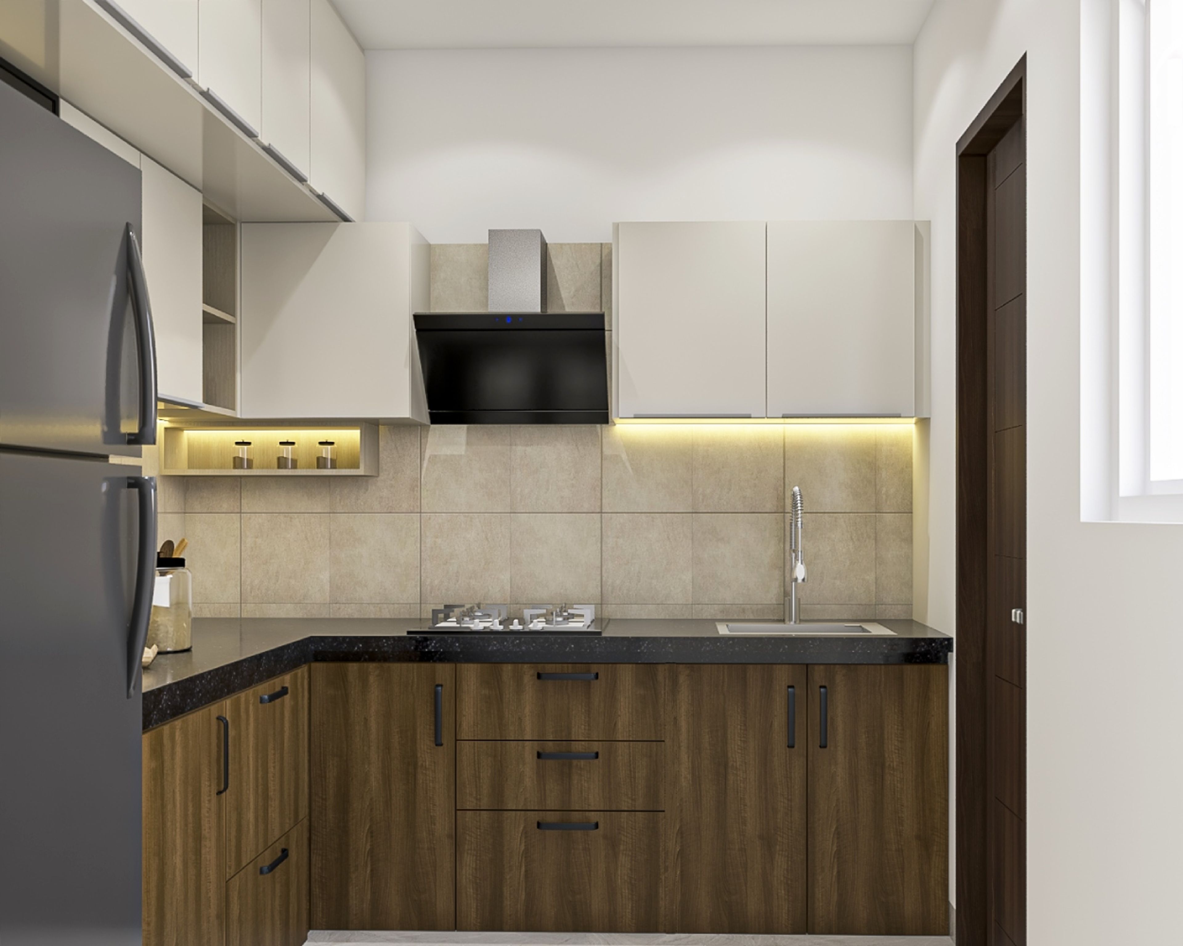 Contemporary L-Shaped Modular Kitchen Design With Warm Cove Lighting