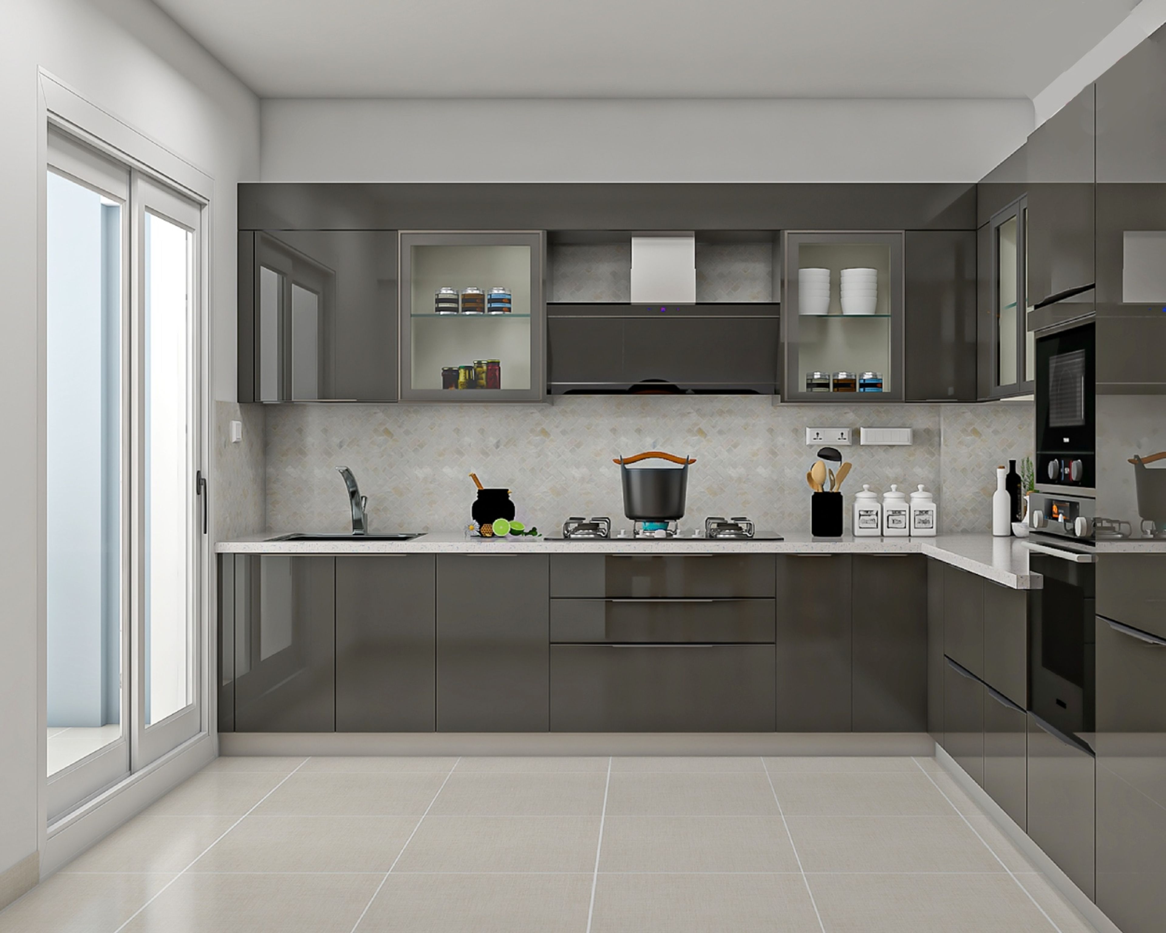 Modern L-Shaped Kitchen Design With Grey Cabinets With A Glossy Finish