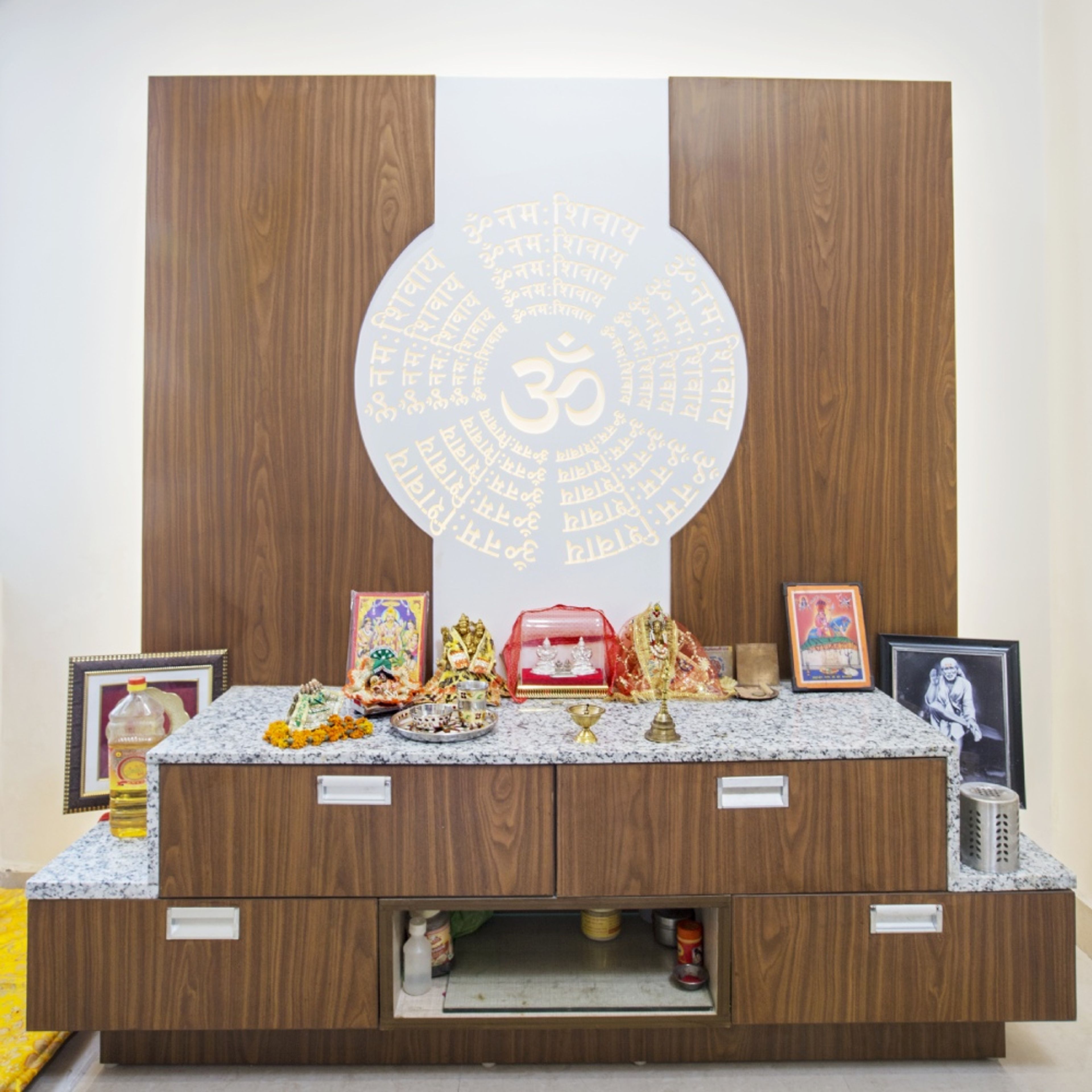Modern Floor-Mounted Mandir Unit Design With Stepped Drawer Storage