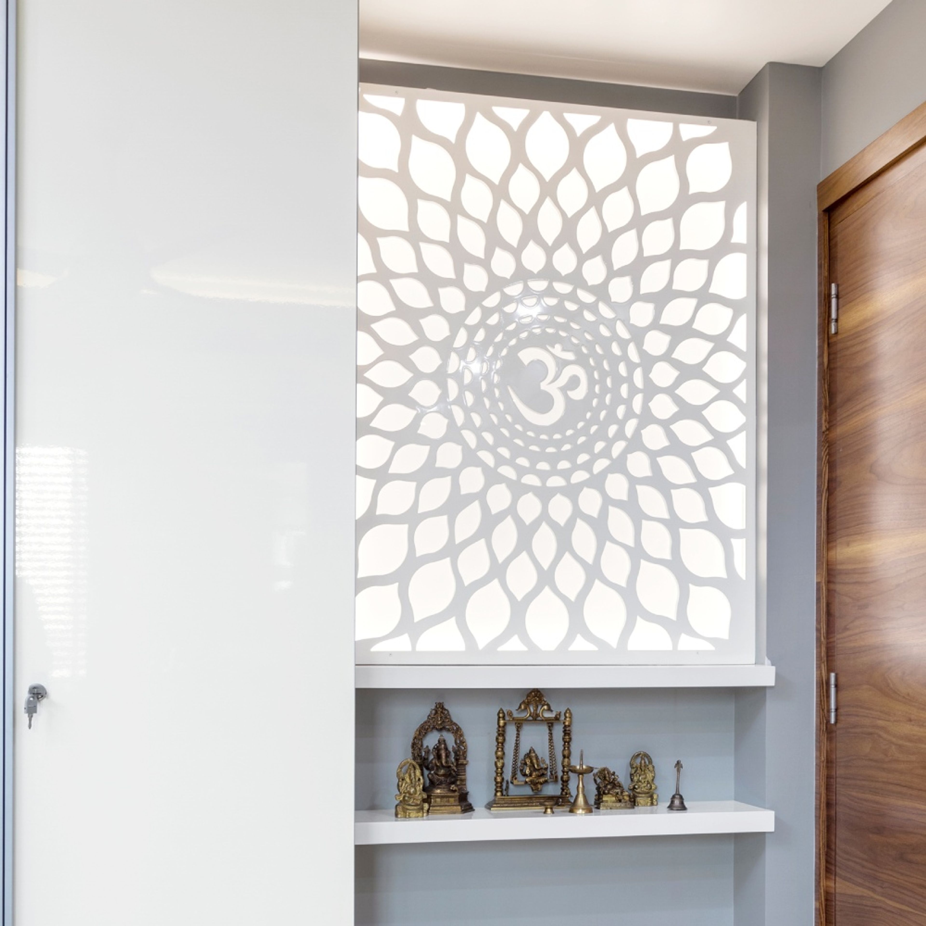 Modern Wall-Mounted Mandir Unit With Om Mandala Design and Lighting