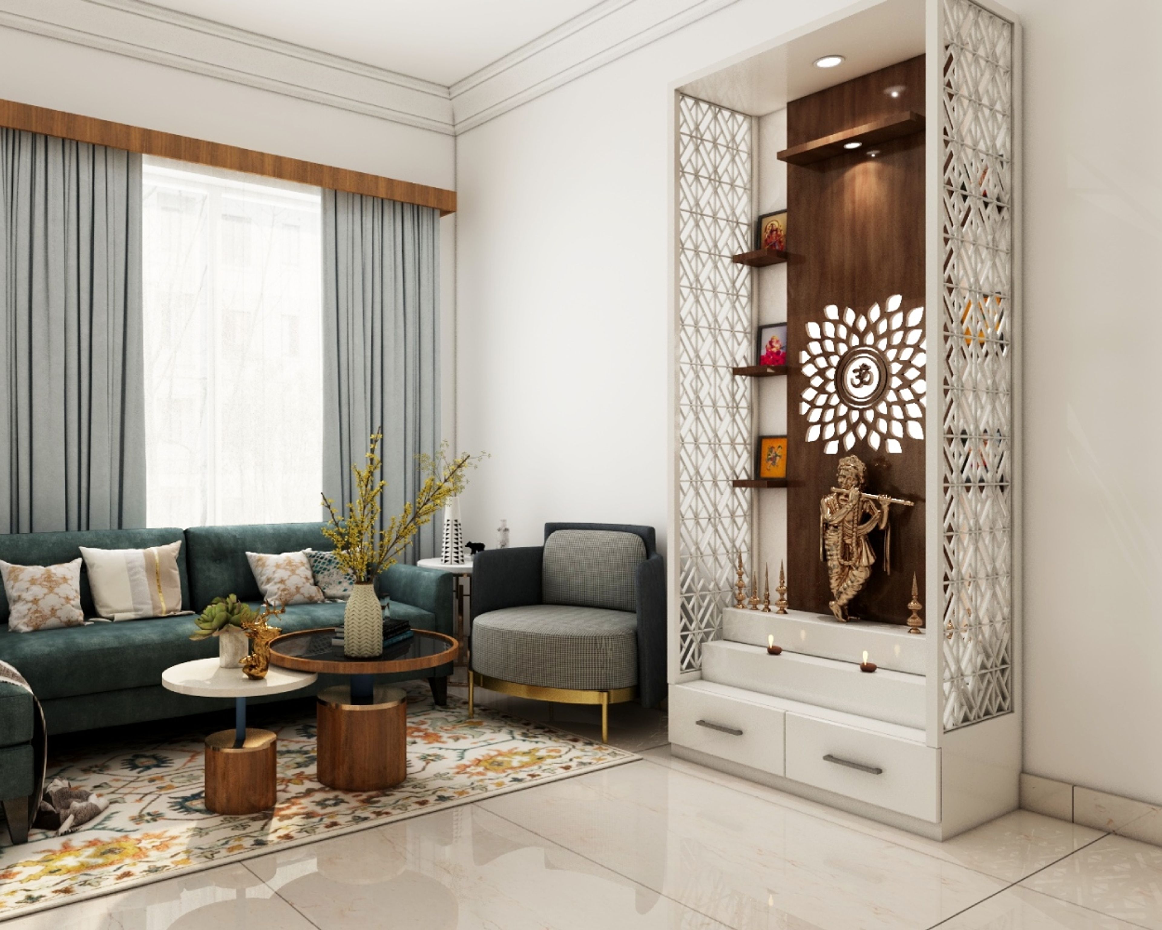 Contemporary Mandir Design With Wooden Wall Panel