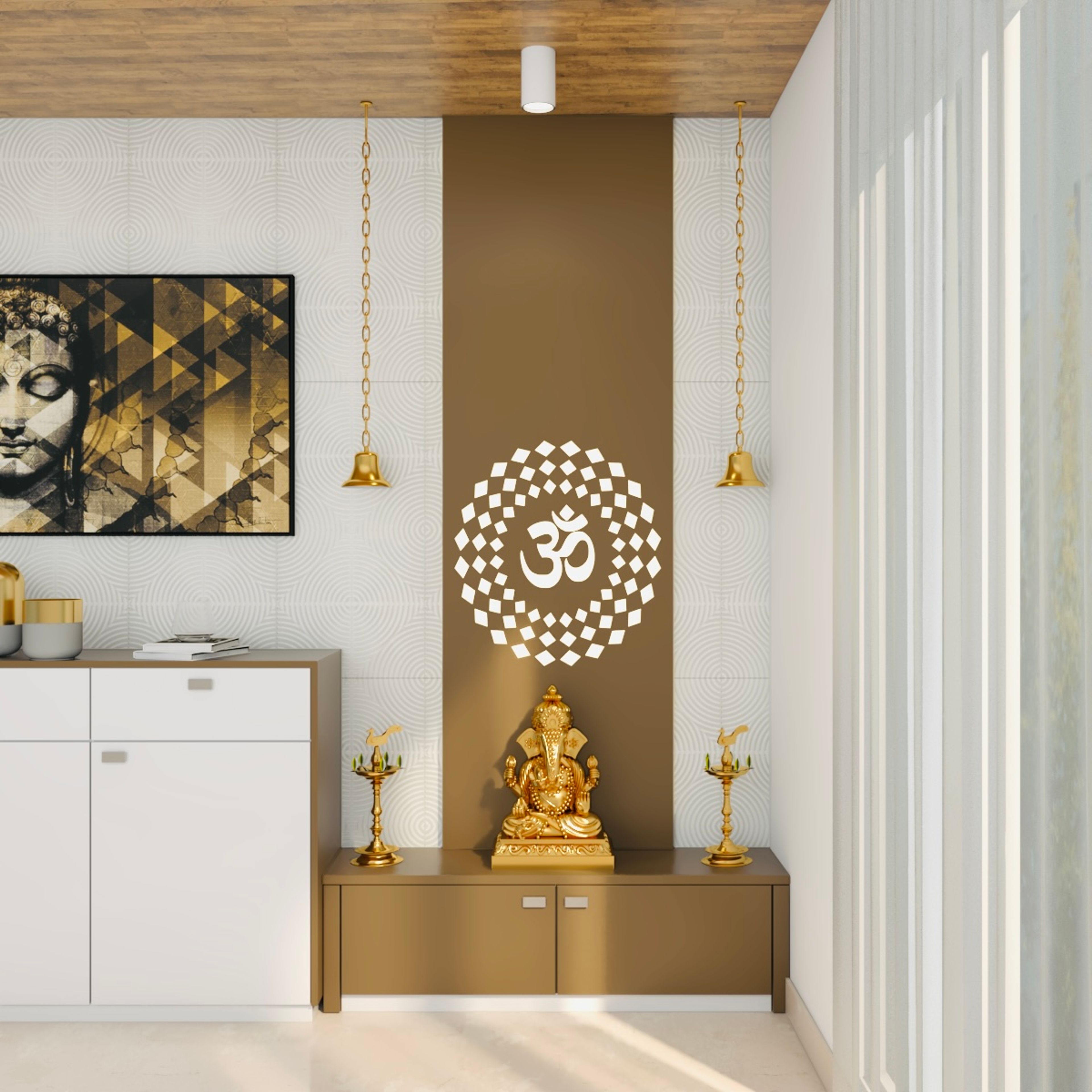 Modern Floor-Mounted Mandir Unit with Parakeet Green Accents and Om Mandala Wall Panel