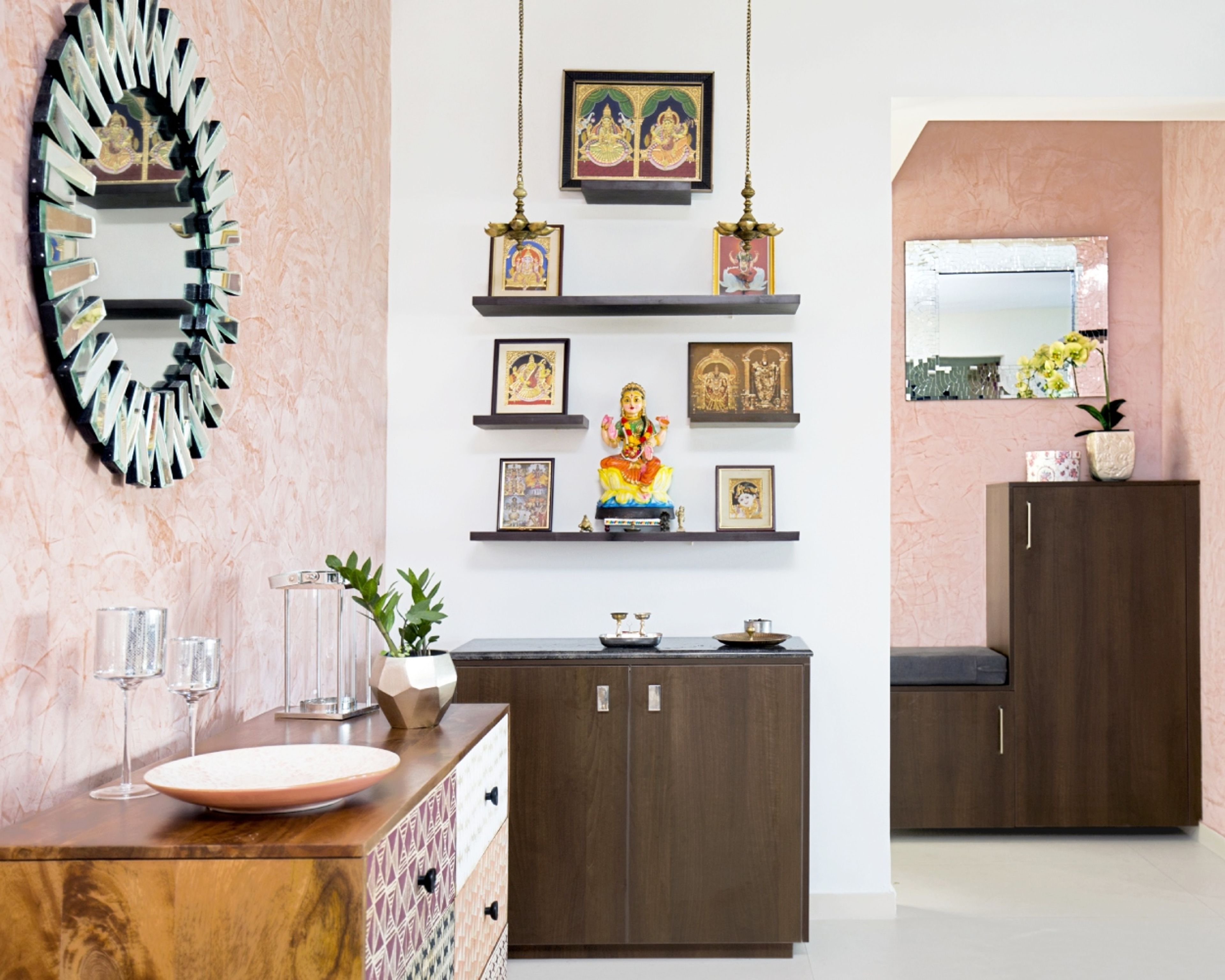 Modern Walnut Bronze Mandir Design With Wall Shelves