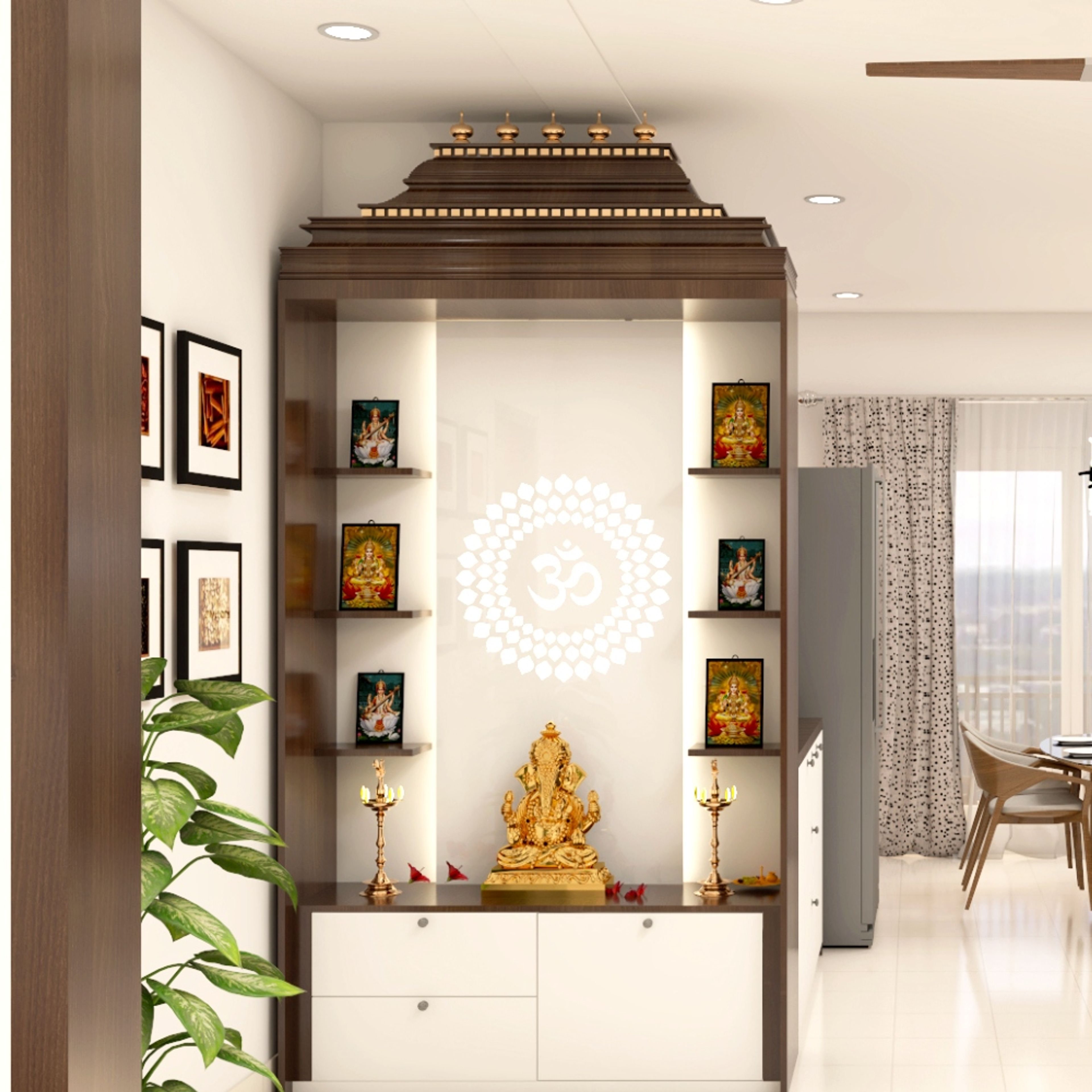 Contemporary Open Mandir Design In Frosty White And Brown