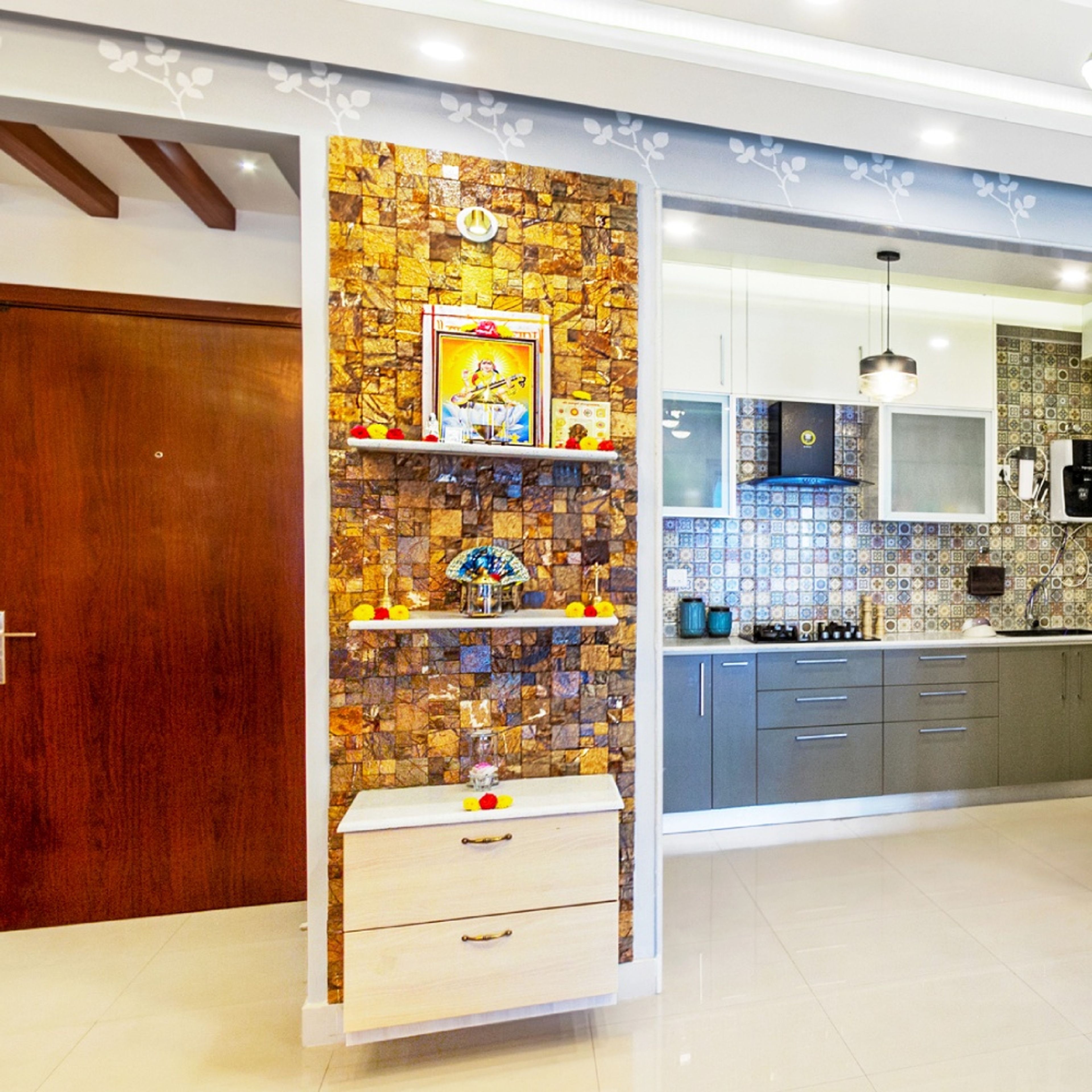 Modern Acacia And Frosty White Mandir Design With Floating Shelves