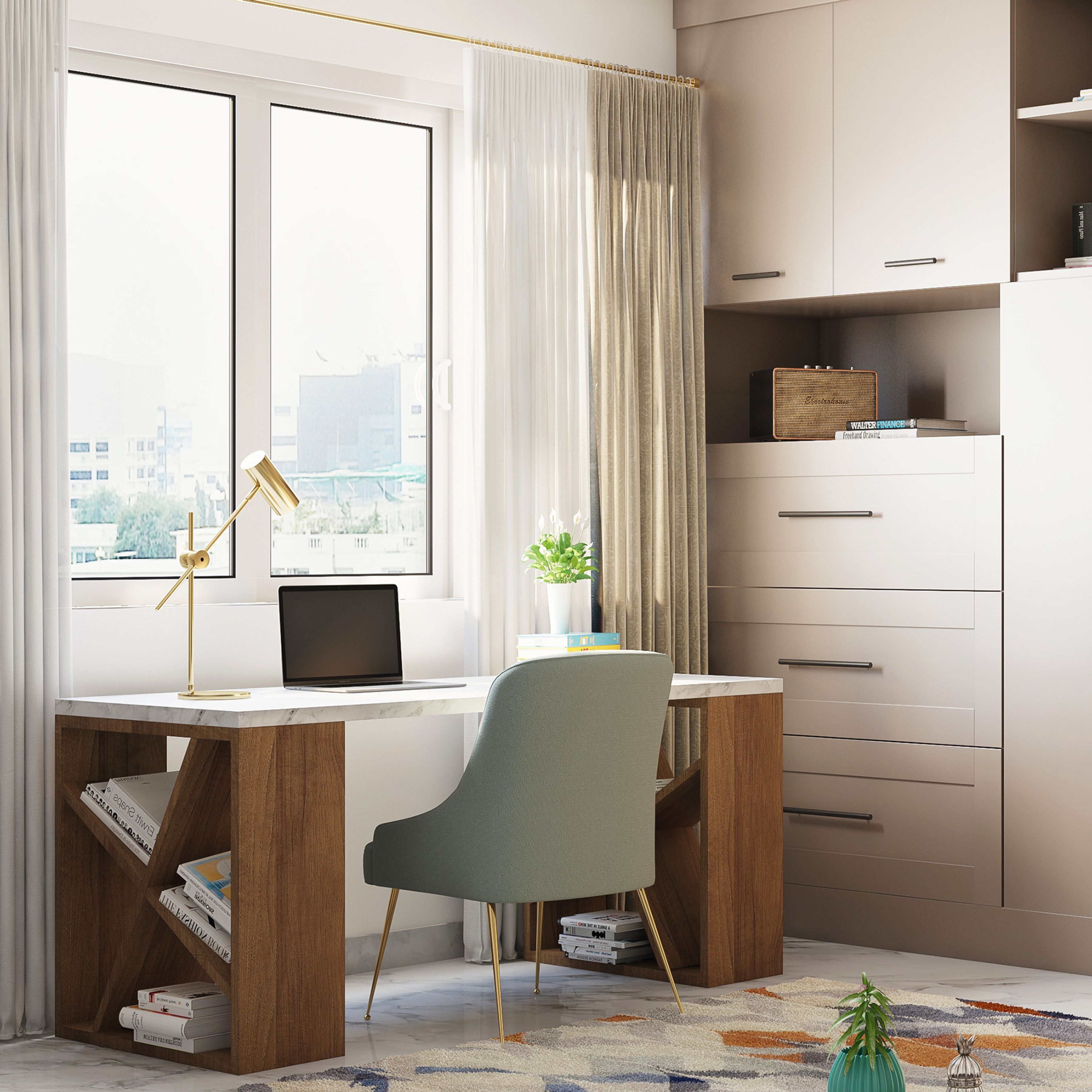 Minimal Study Room Design In Teak Brown And White - Livspace