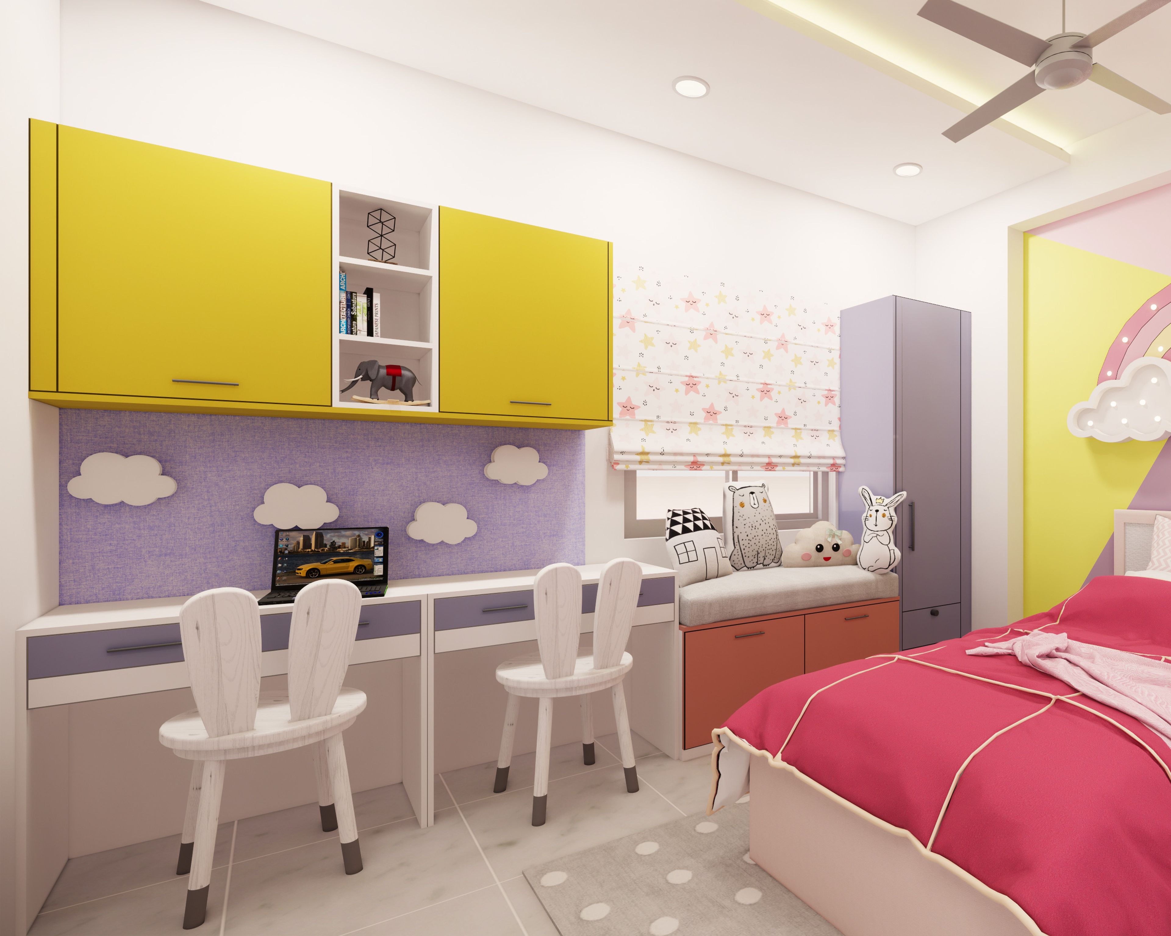 Contemporary Study Room Design In Yellow And Grey