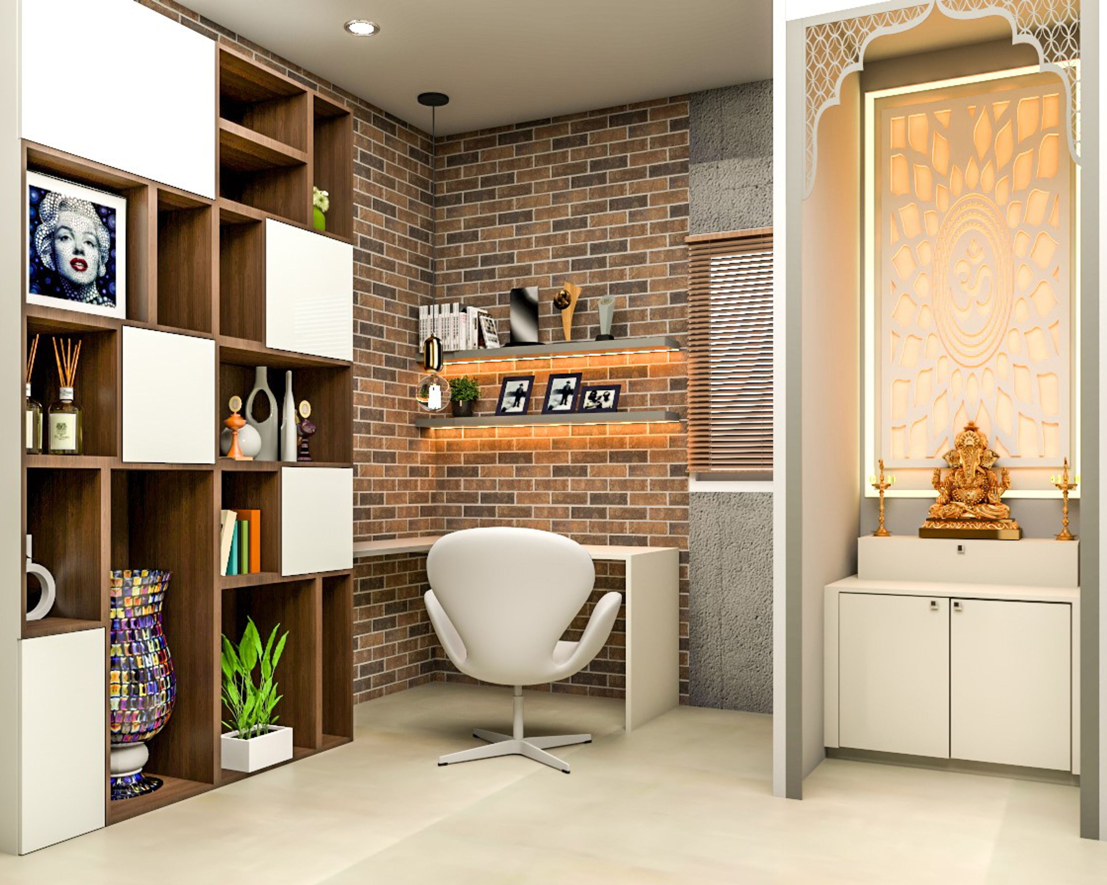 Rustic Study Room Design With Brick Wallpaper And Pooja Unit - Livspace