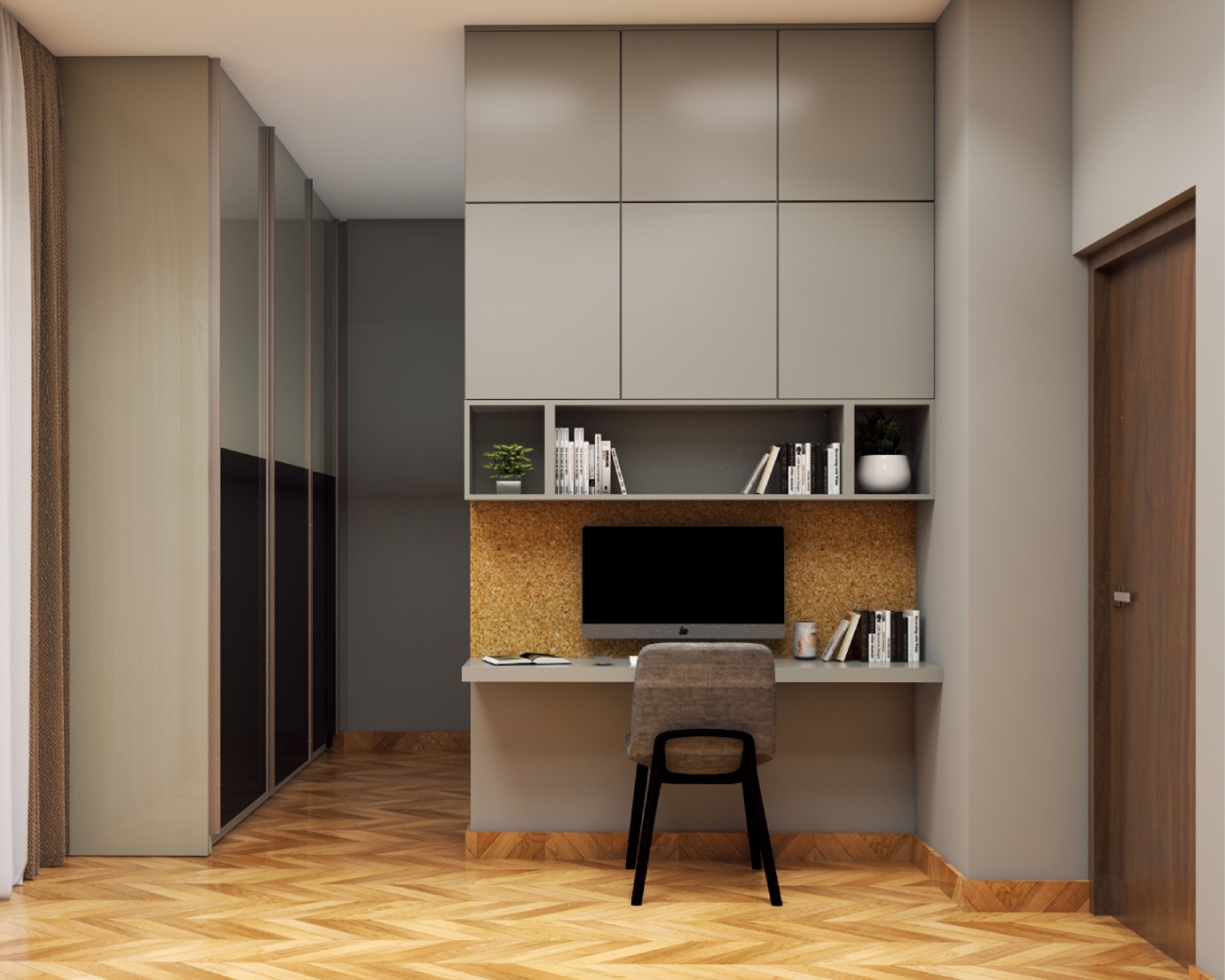 Modern Dove Grey Study Room Design With Cabinets