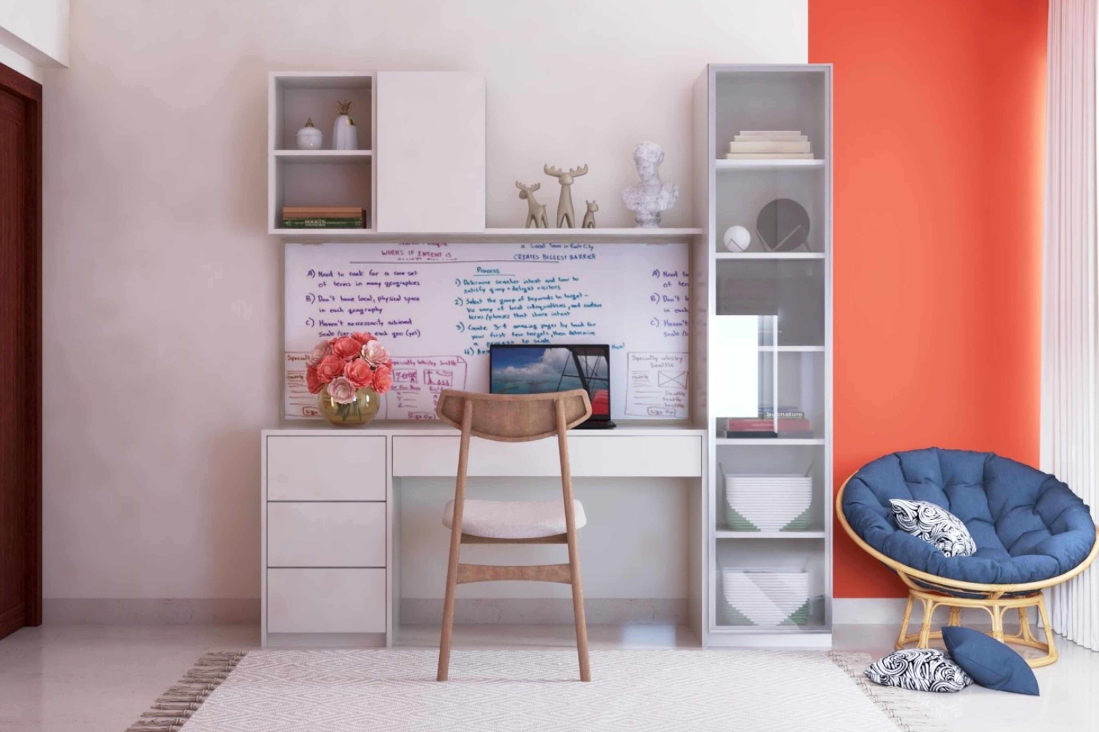 Modern Frosty White Study Room Design With Suede Finish