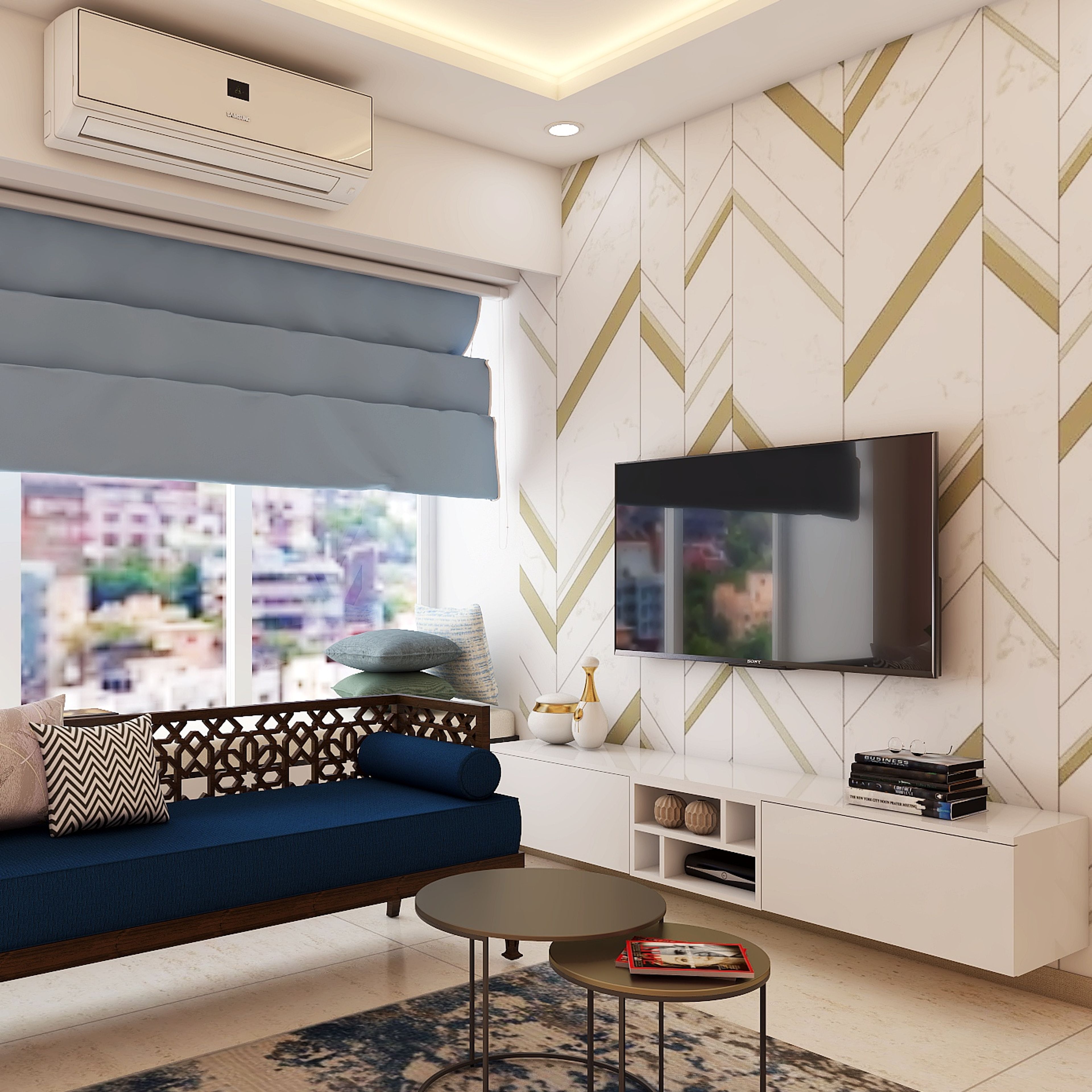 Modern White TV Unit Design With Open And Closed Storage