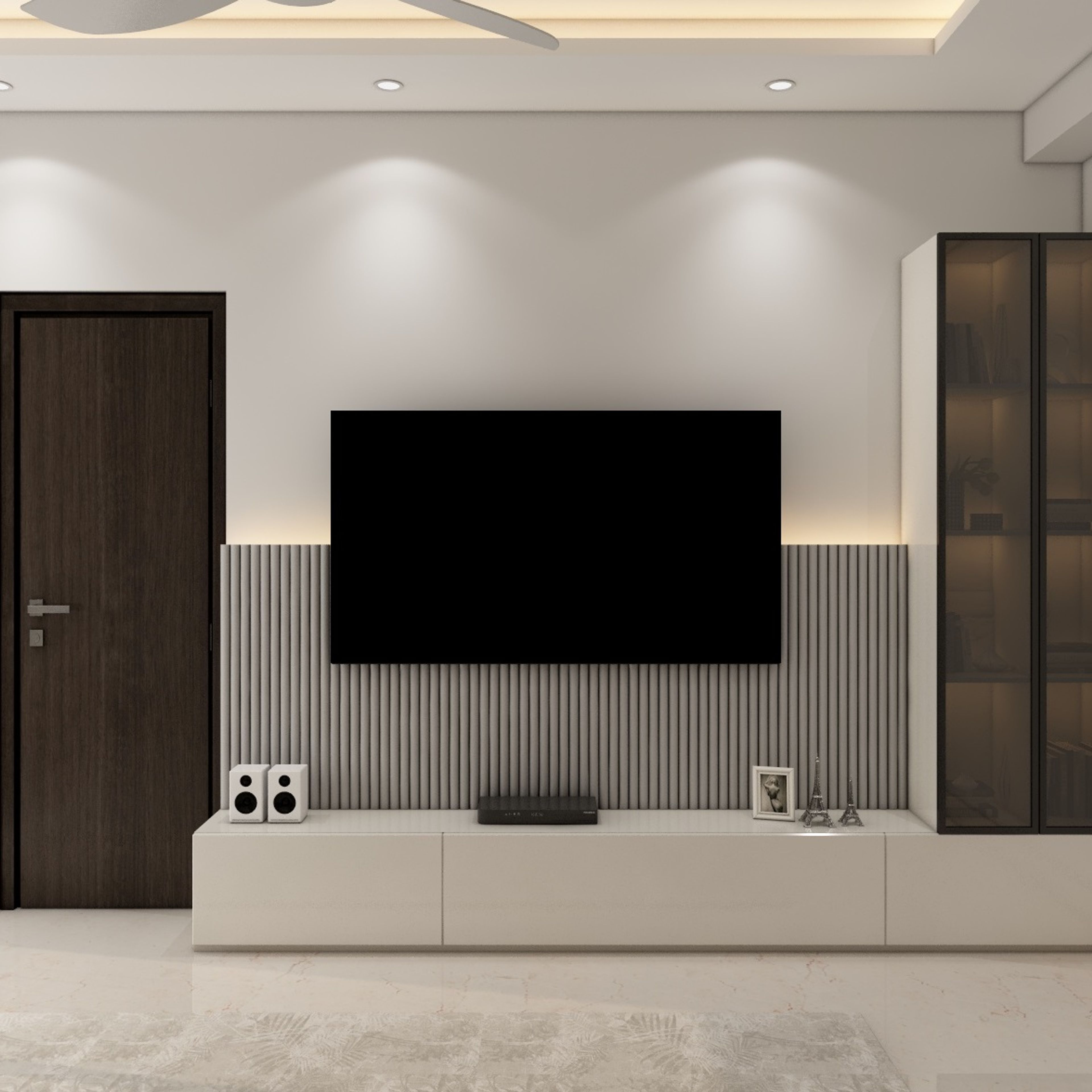Modern White TV Unit Design with Tall Storage and Glass Shutters
