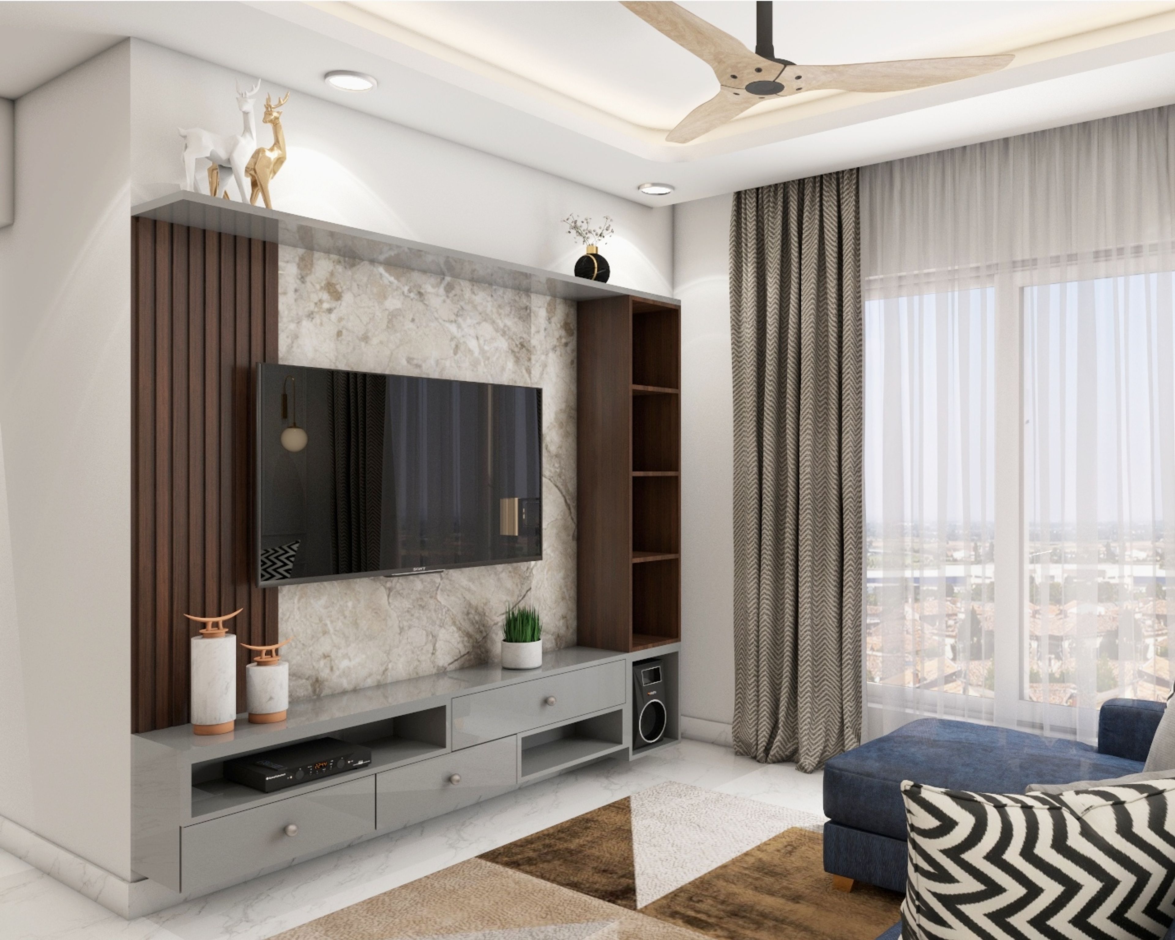 Modern Grey And Brown TV Unit Design For Living Rooms