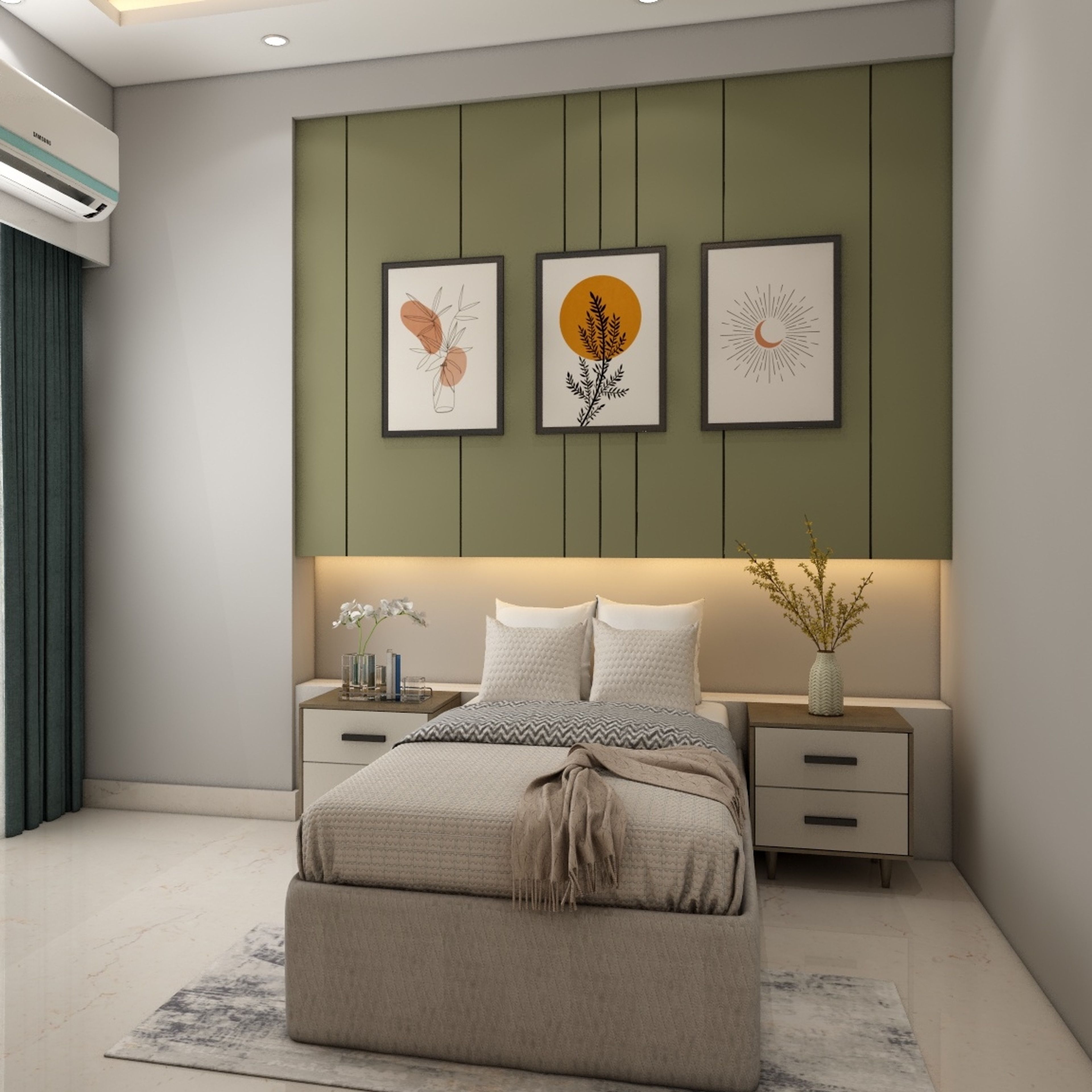 Bedroom Wall Design With Grey And Green Panelling - Livspace
