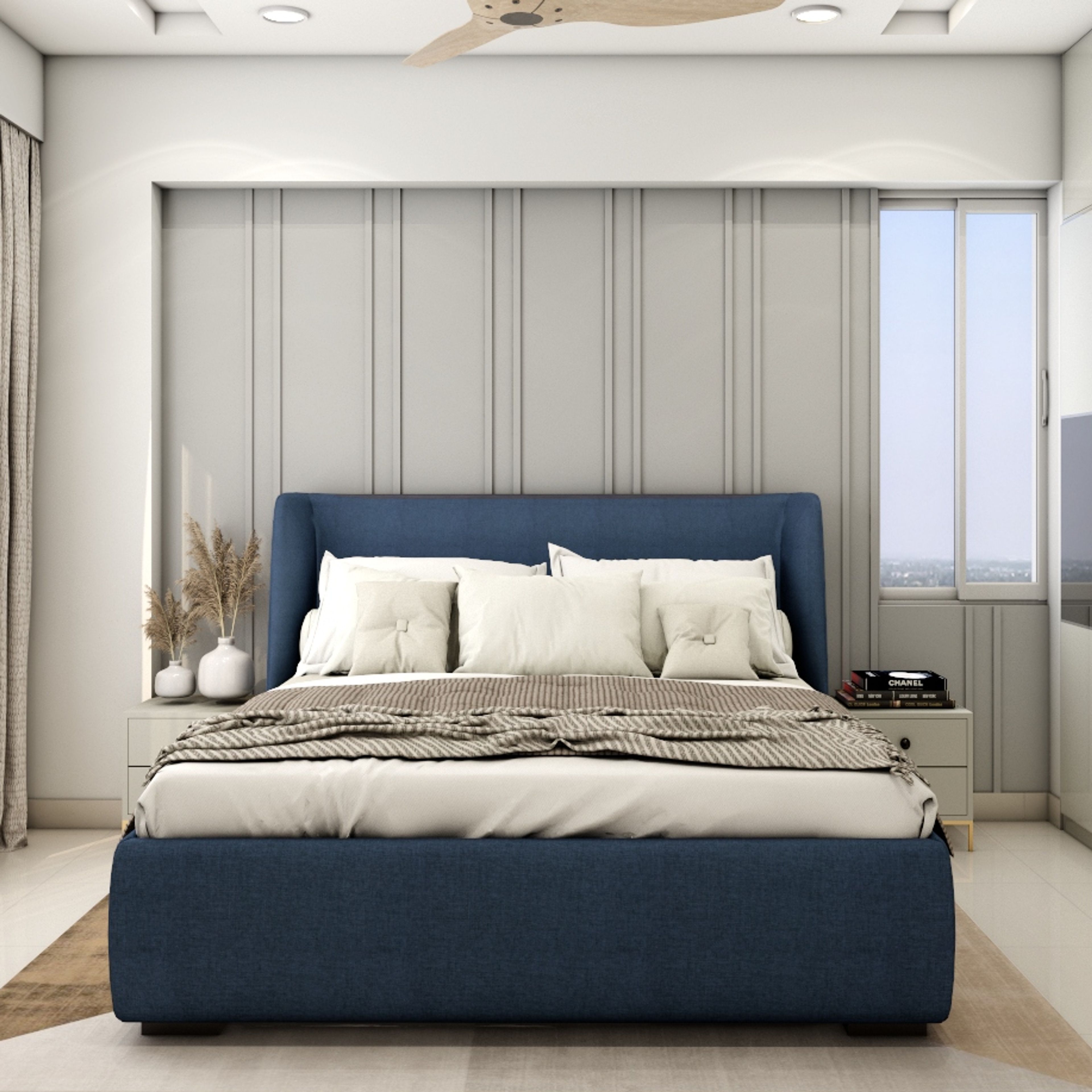 Light Grey Wall Panelling Design For Bedrooms - Livspace