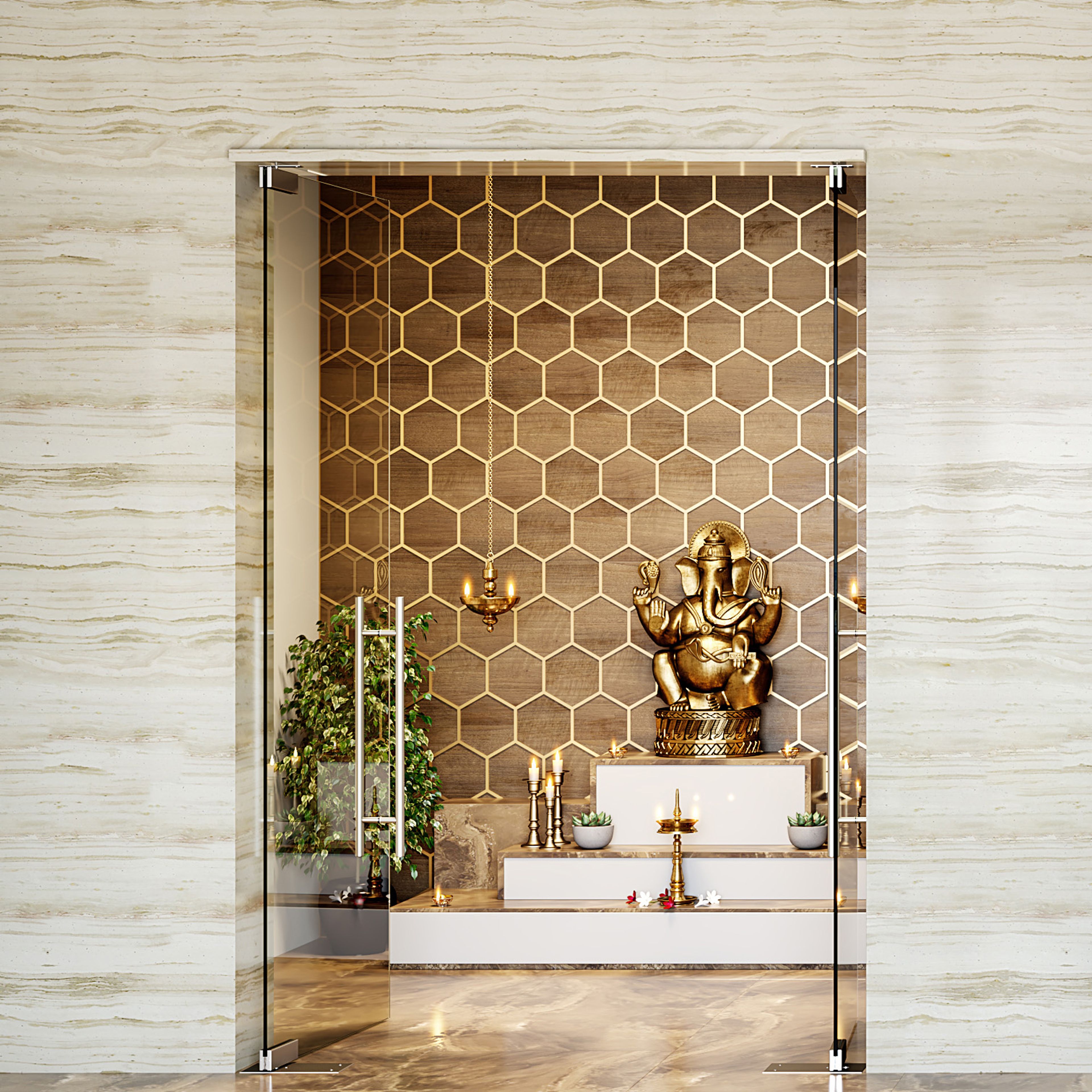 Brown And Gold Wall Design For Pooja Units - Livspace