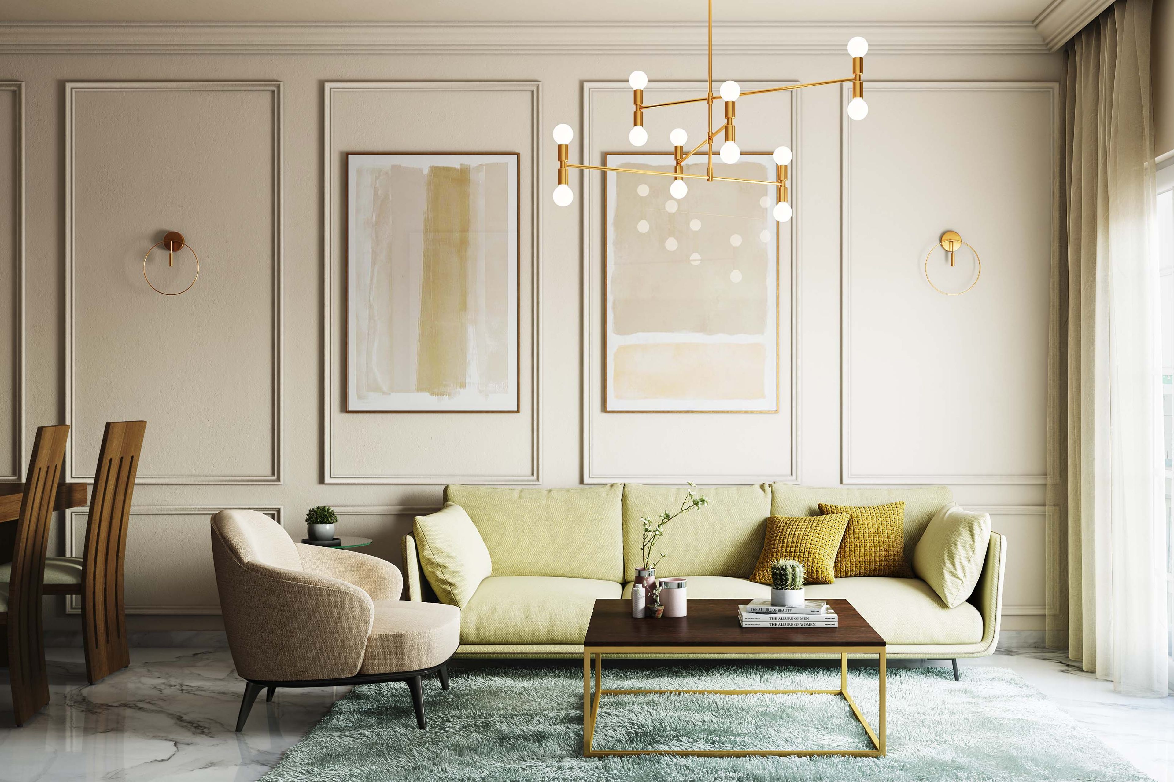 Beige Wall Design With Trims - Livspace