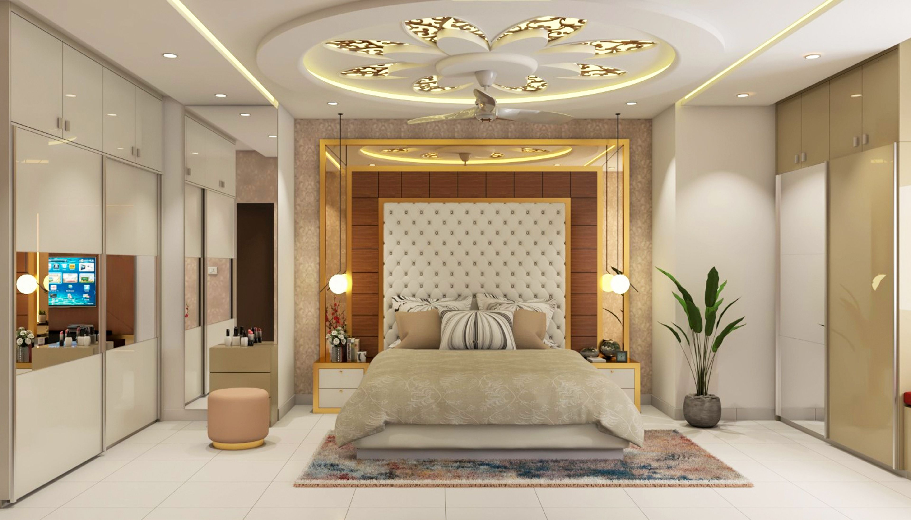 Classic Bedroom Wall Design With Gold Inlays And A Mirror