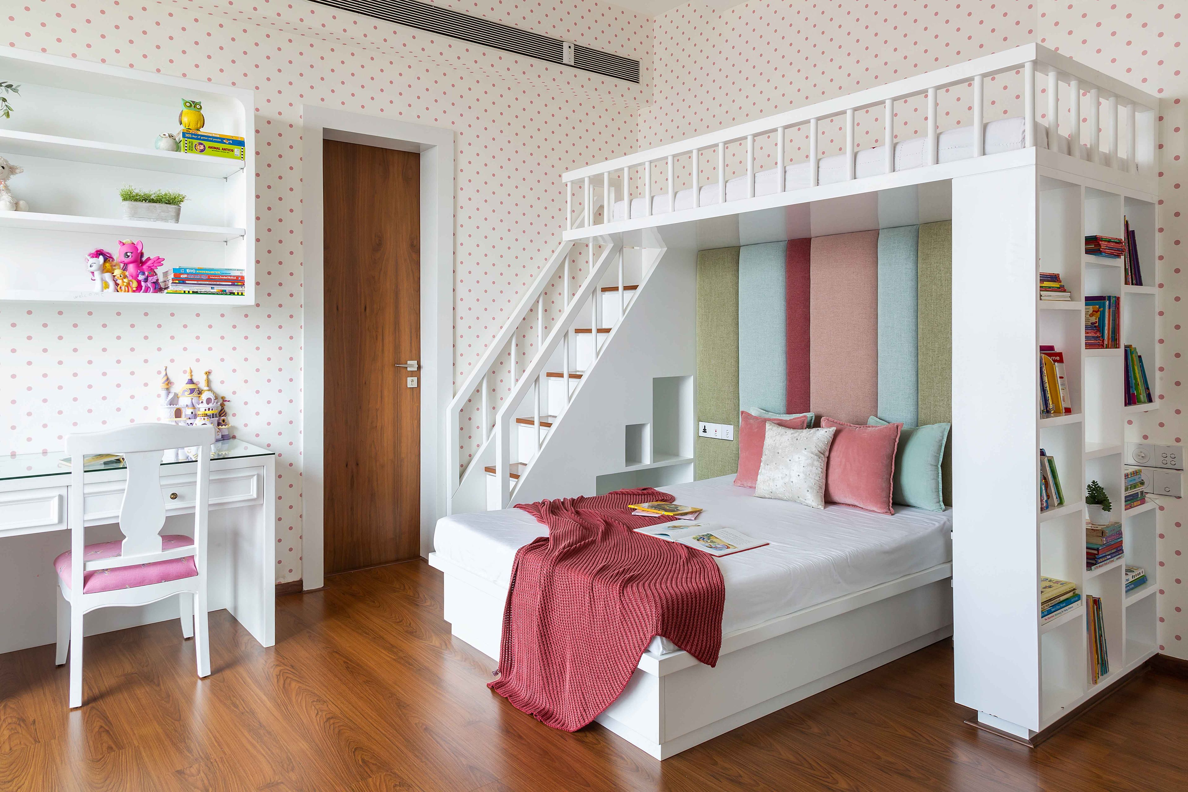 White And Pink Polka Dot Wall Design For Kids Bedroom - Livspace