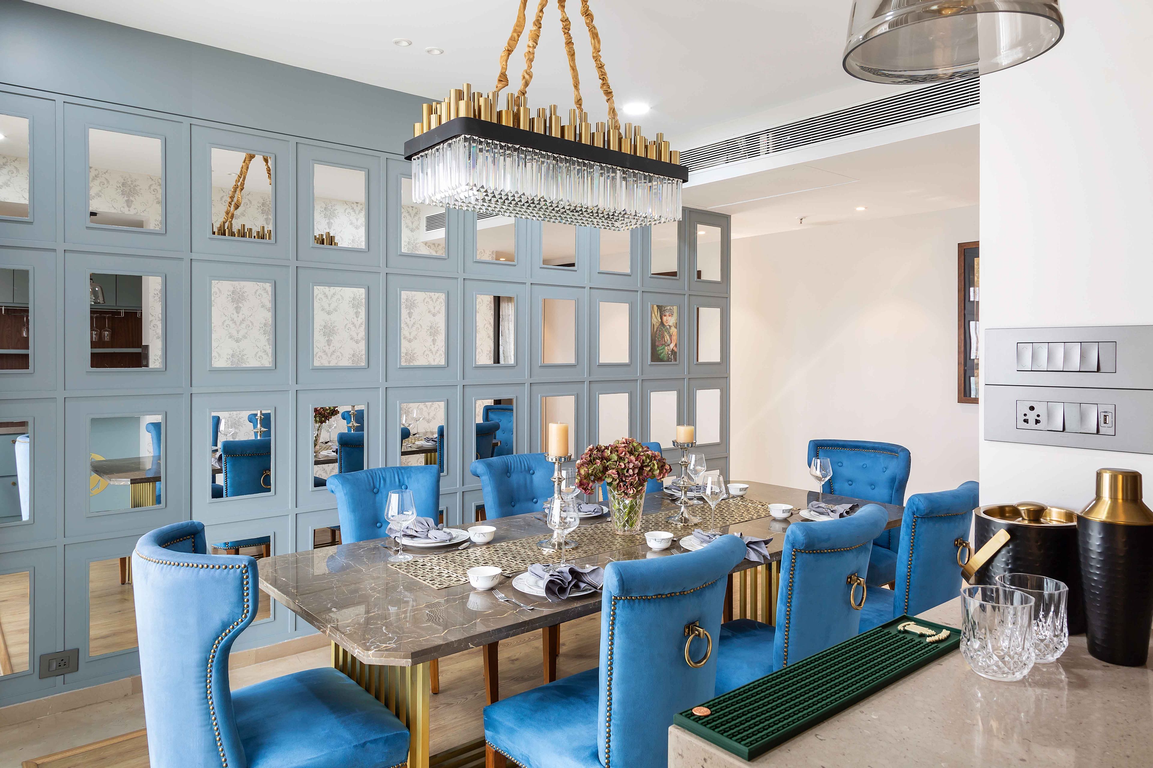 Bluish-Grey Modern Wall Design With Wall Trims Mirrors And Paint - Livspace