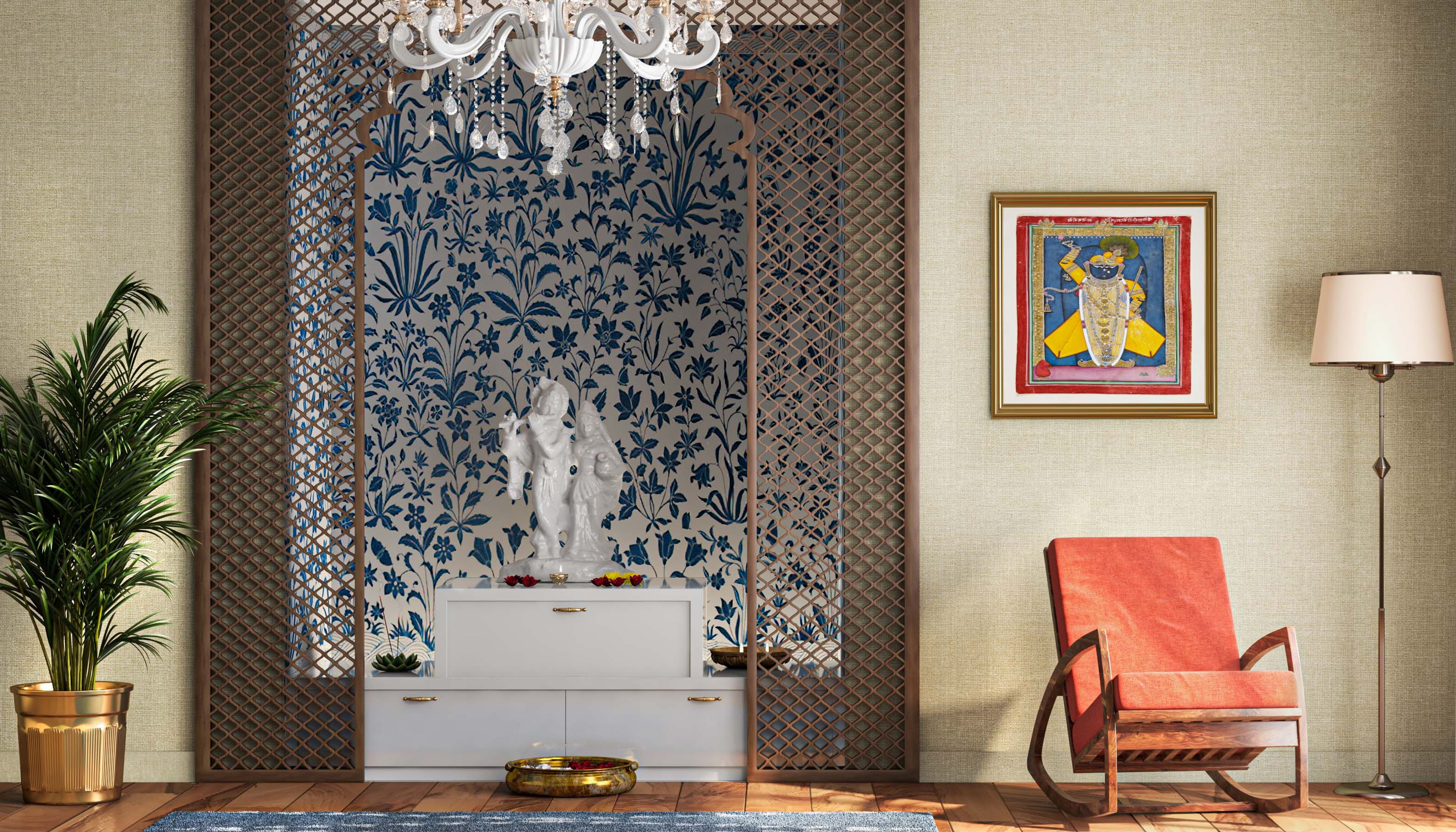 Floral White And Blue Living Room Wallpaper - Livspace