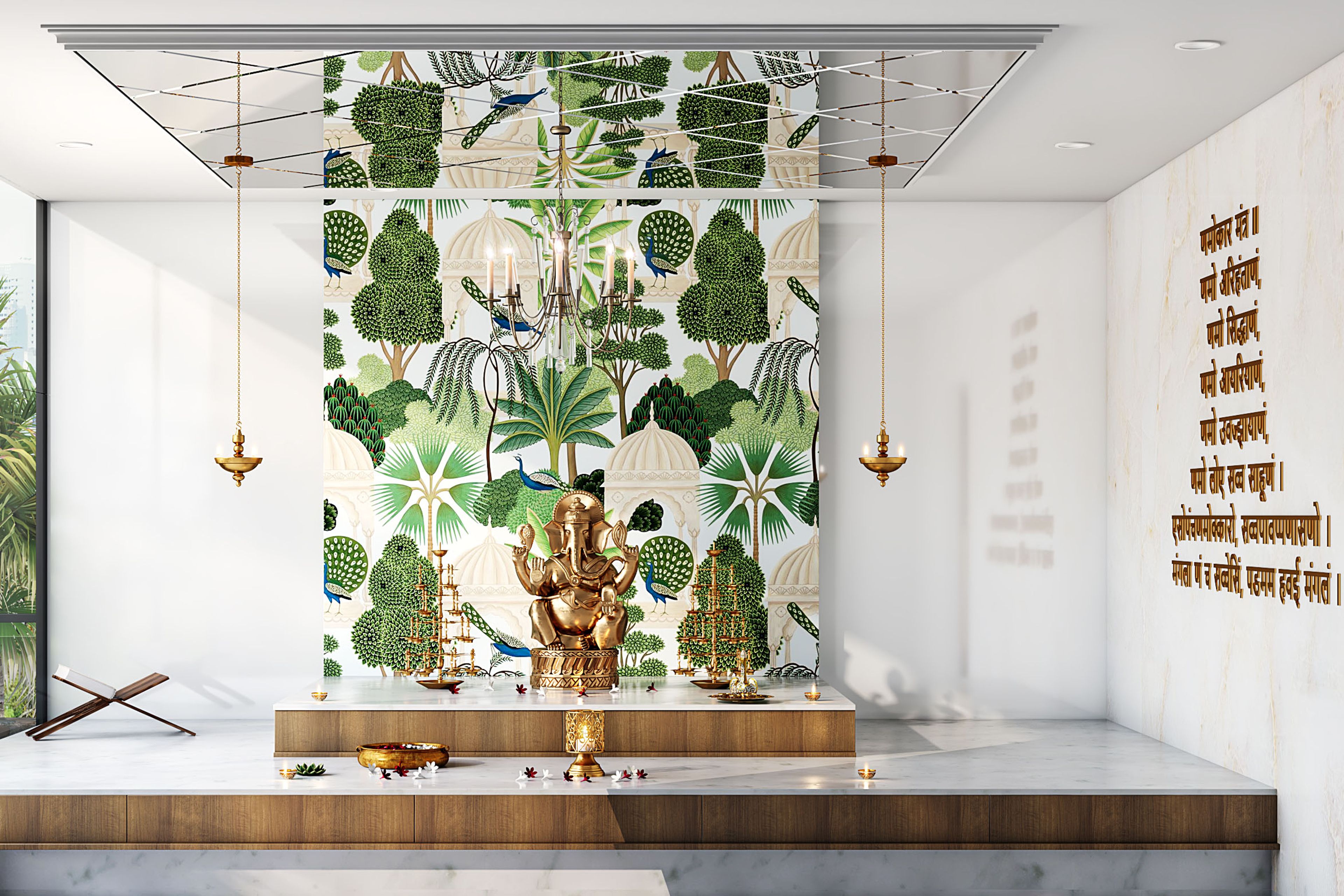 Tropical White And Green Wallpaper Design