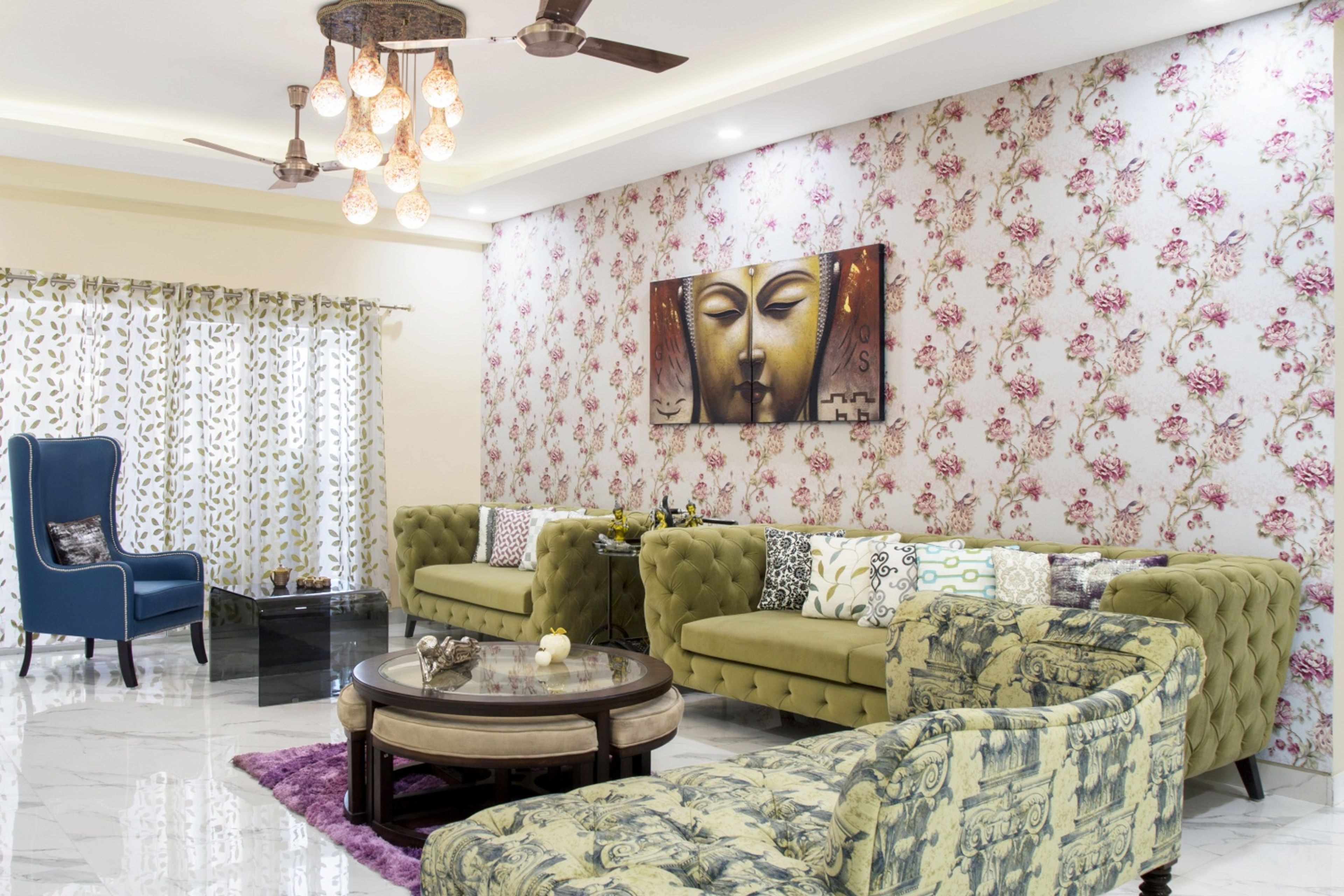 Floral White And Pink Living Room Wallpaper - Livspace