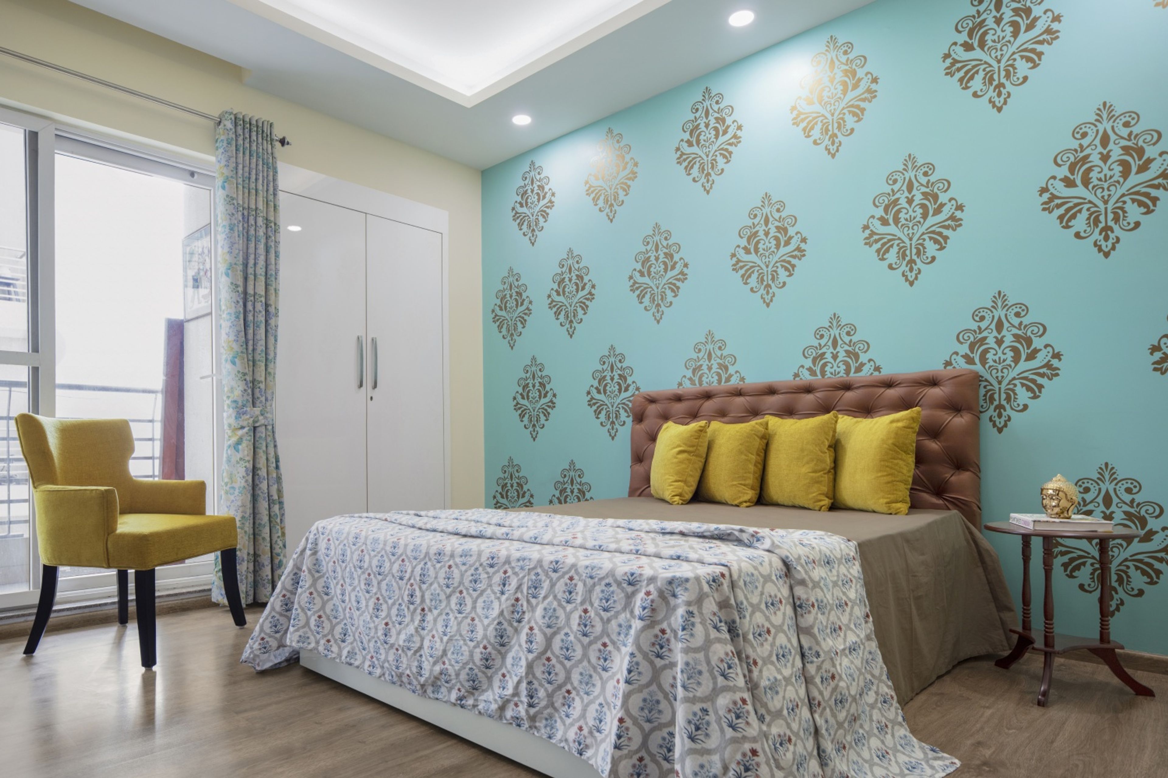 Brown And Blue Patterned Wallpaper For Bedroom - Livspace