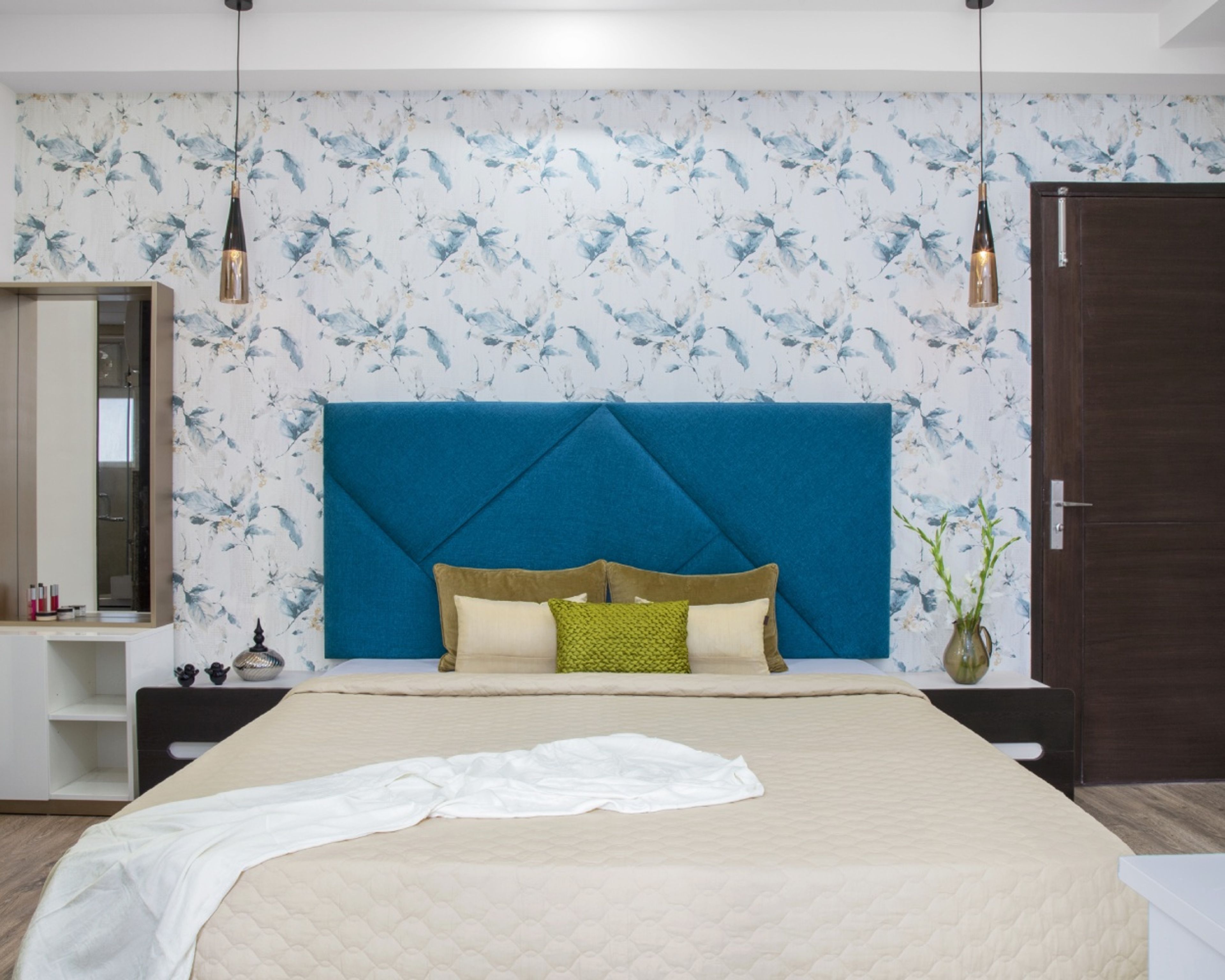 White And Blue Patterned Wallpaper Design - Livspace