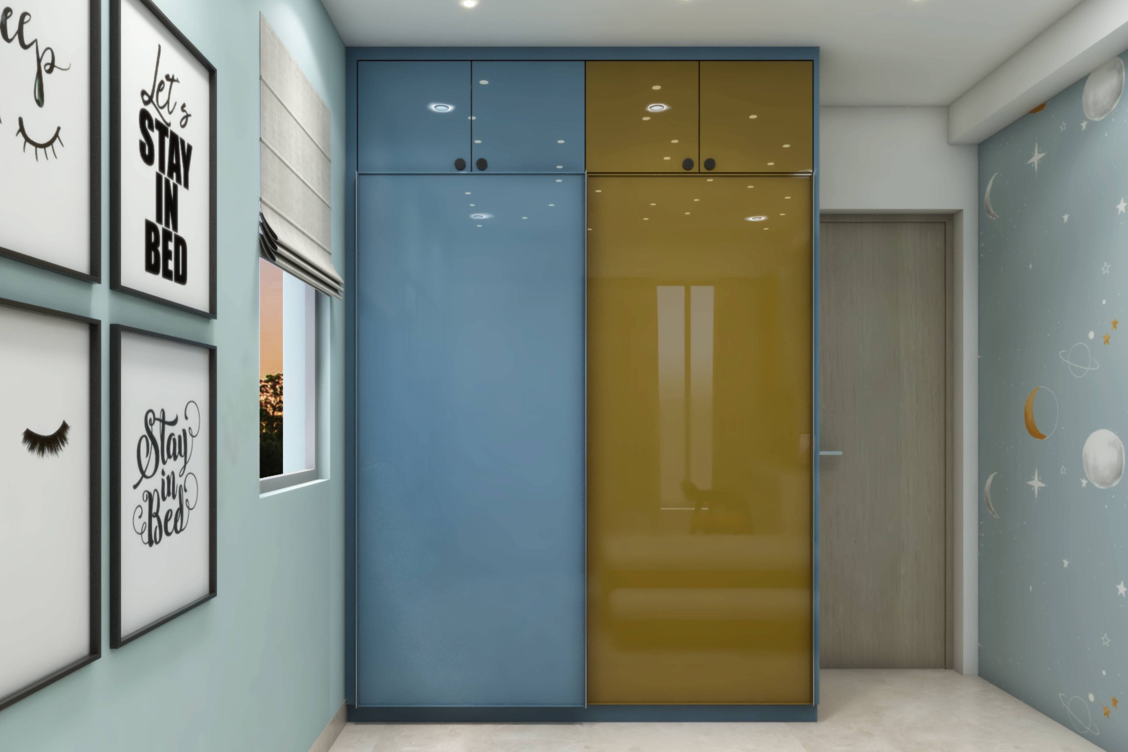Modern Blue And Yellow Sliding Door Wardrobe Design